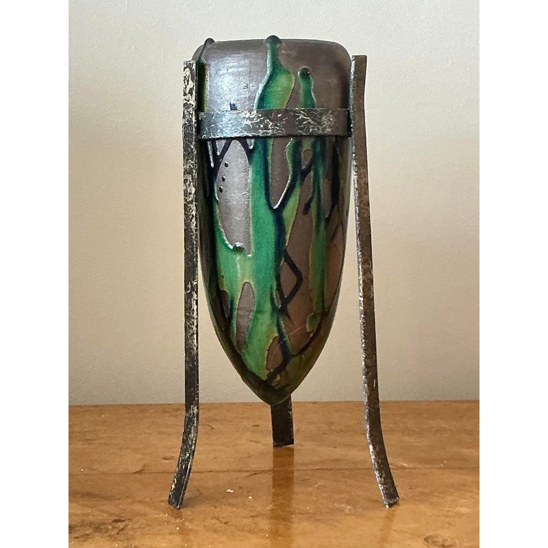 Vintage Boho Drip Glaze Vase in Stand - Top view