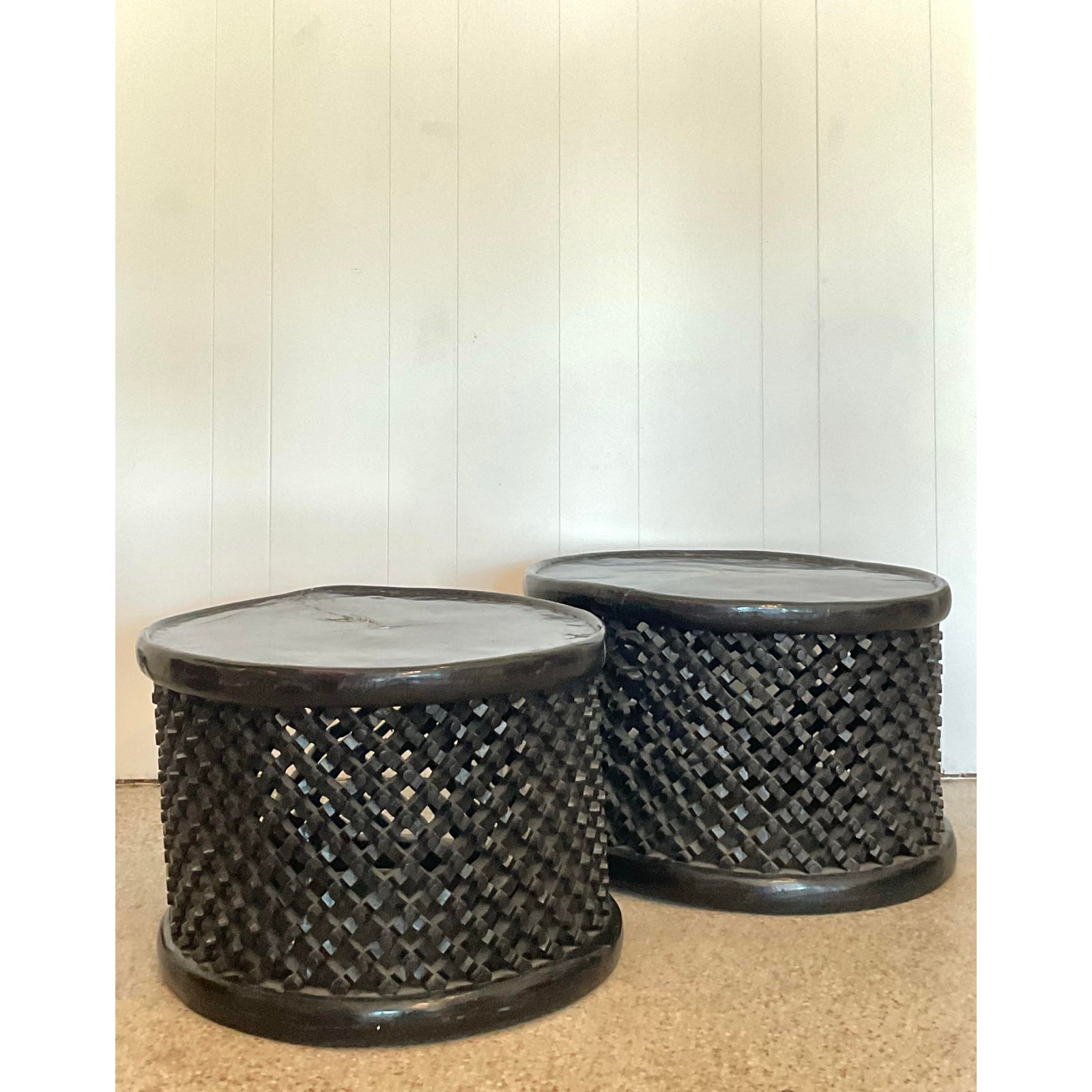Vintage Boho Carved Wood Bamileke Tables - Set of 2 - Detail view