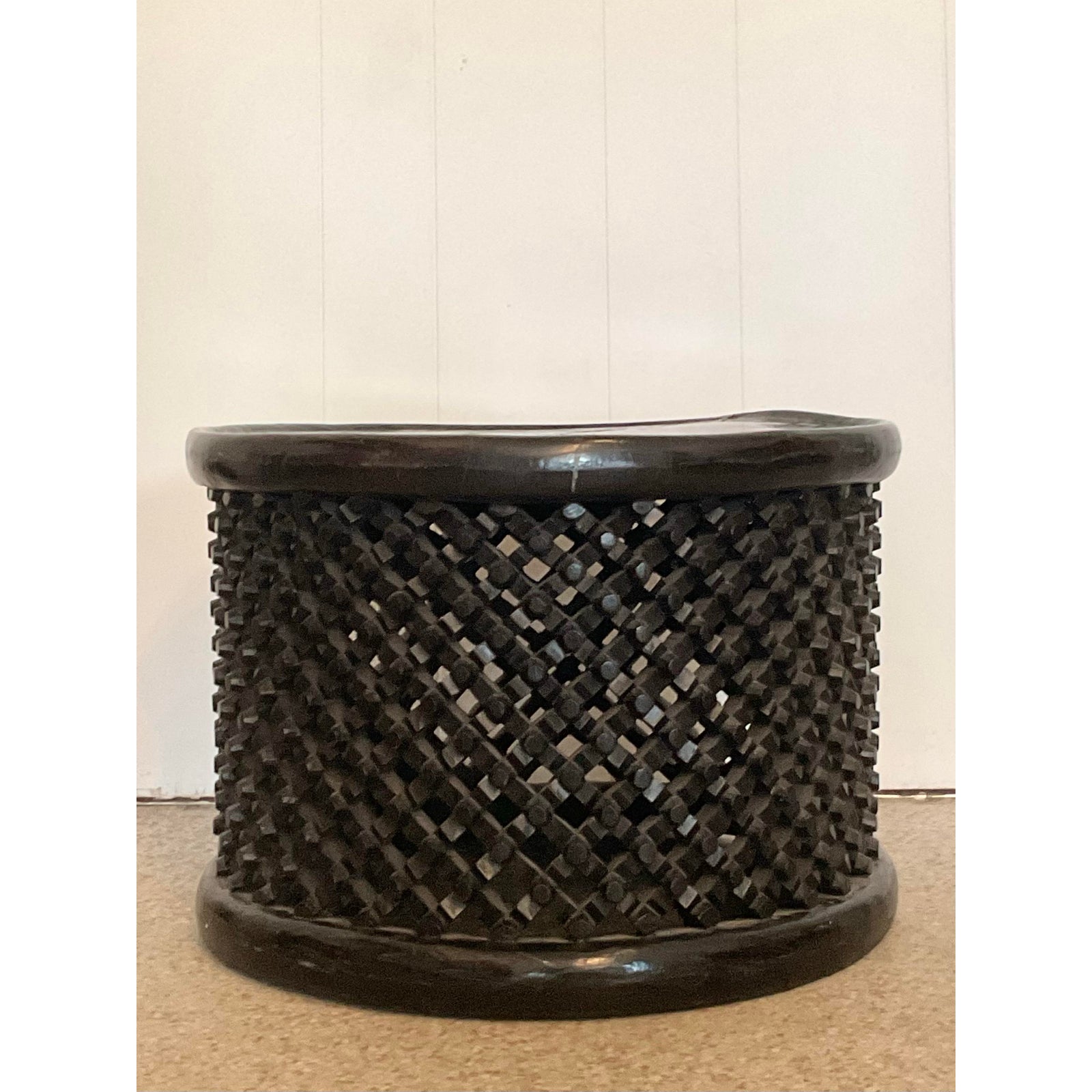 Vintage Boho Carved Wood Bamileke Tables - Set of 2 - Side view