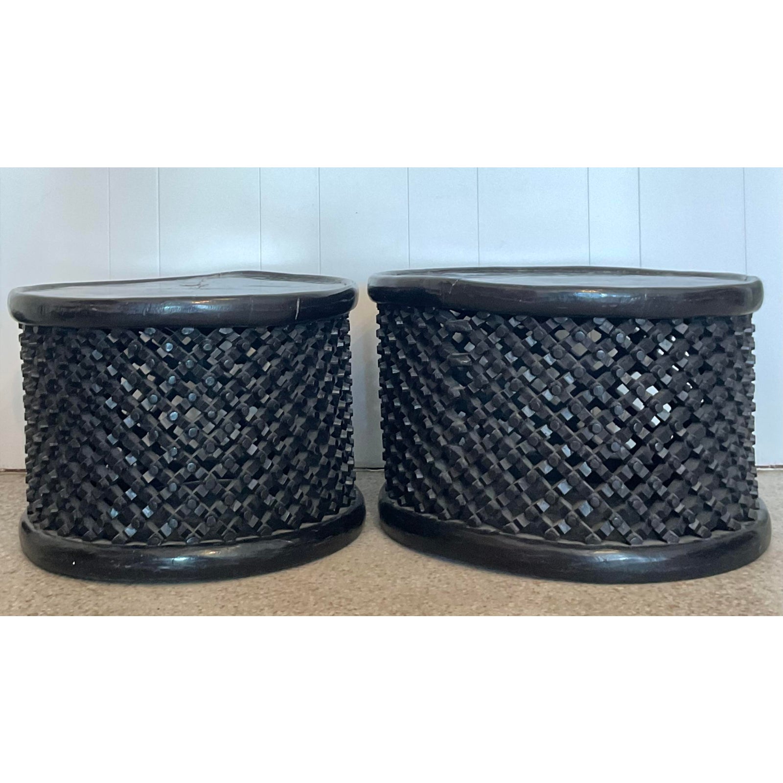 Vintage Boho Carved Wood Bamileke Tables - Set of 2 - Top view