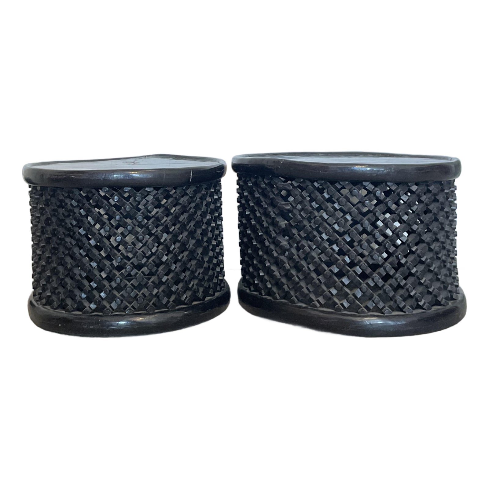 Vintage Boho Carved Wood Bamileke Tables - Set of 2