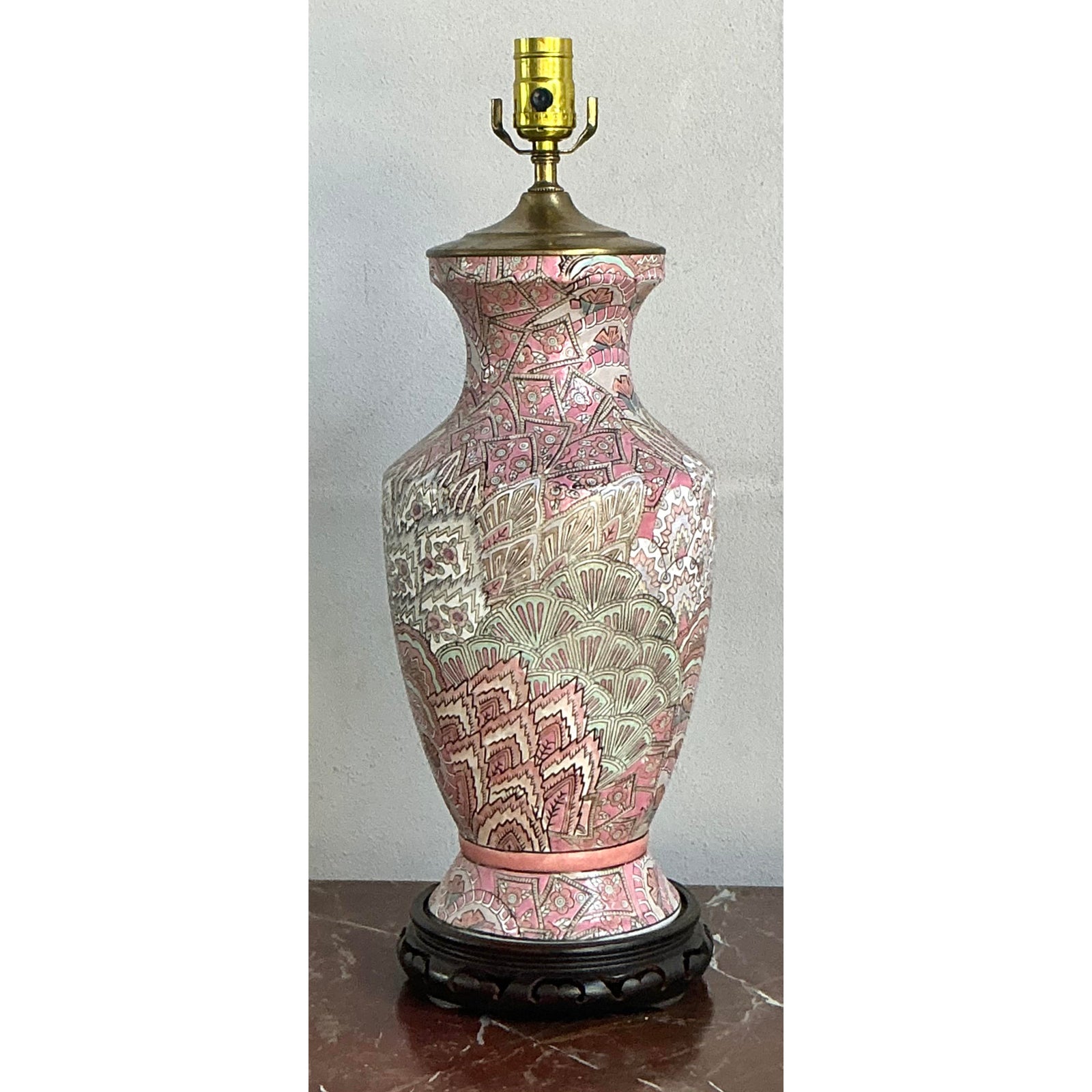 Vintage Regency Glazed Ceramic Peacock Feathers Lamp - Side view