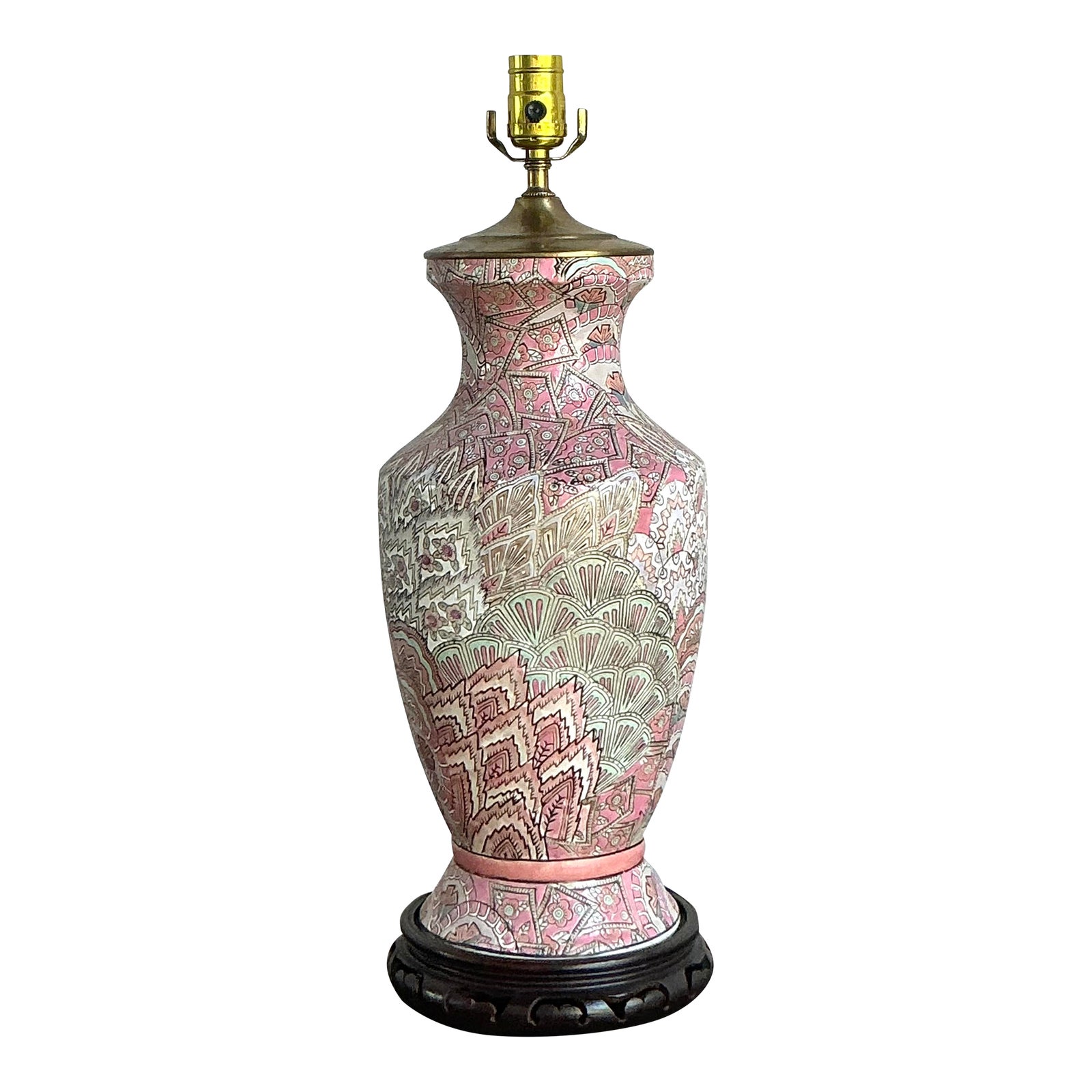Vintage Regency Glazed Ceramic Peacock Feathers Lamp