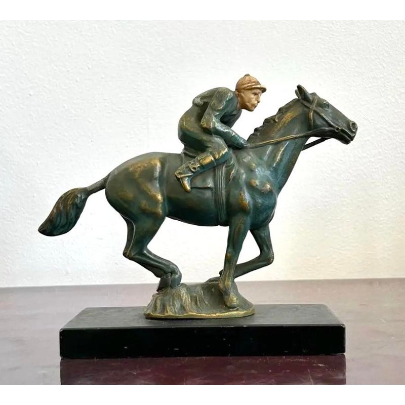 Vintage Mid 20th Century Equestrian Horse and Jockey Sculpture - Back view
