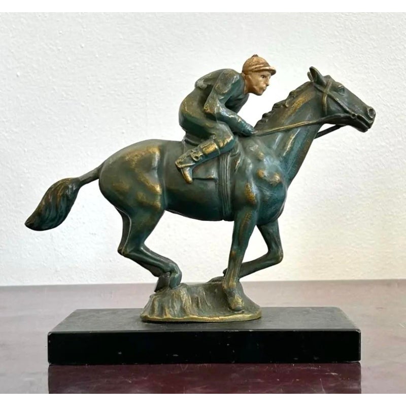 Vintage Mid 20th Century Equestrian Horse and Jockey Sculpture - Side view