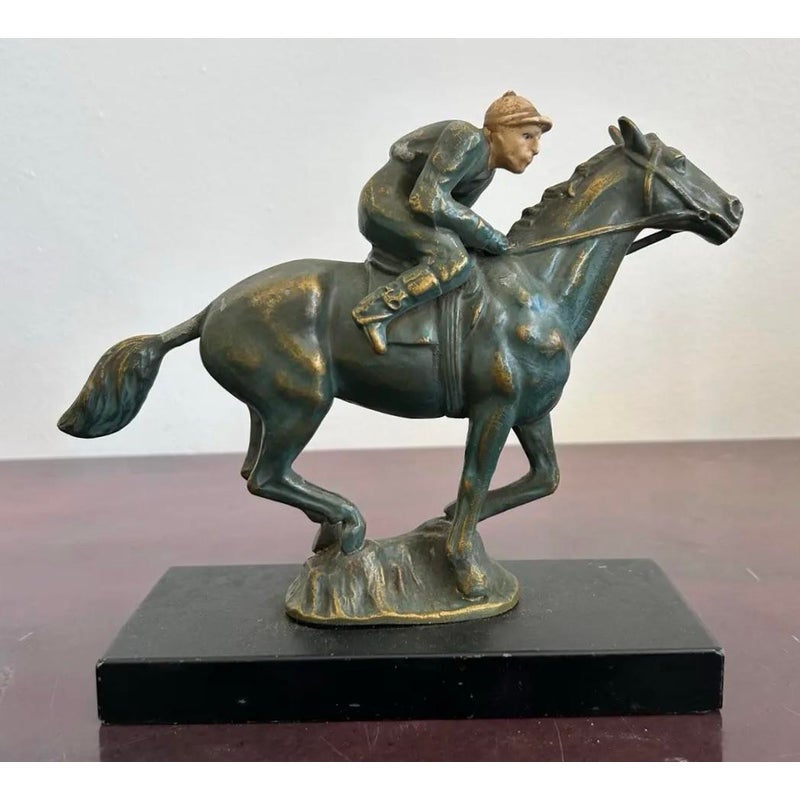 Vintage Mid 20th Century Equestrian Horse and Jockey Sculpture - Detail view