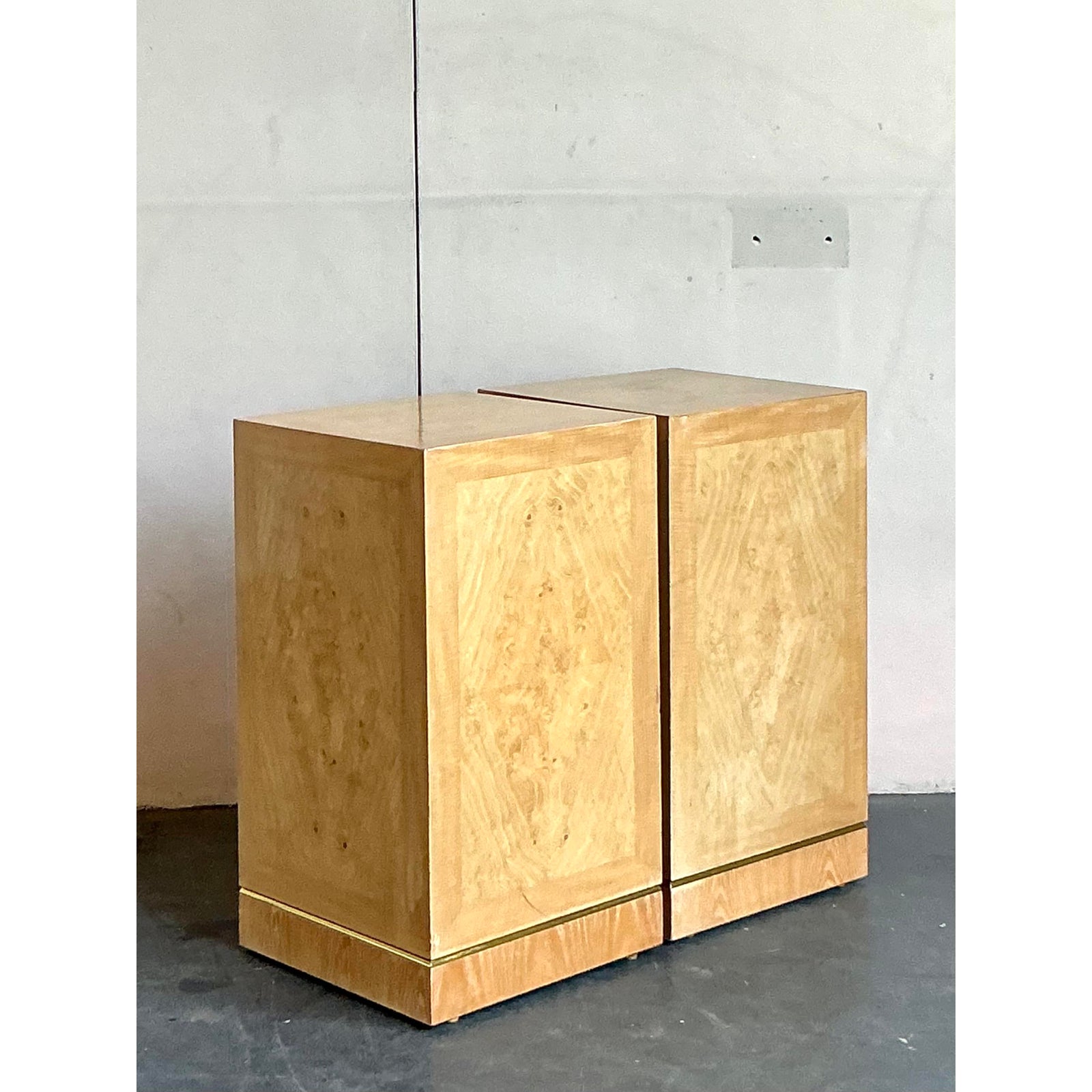 Vintage Boho Drexel Heritage Bookmatched Burl Wood Pedestals - A Pair - Back view