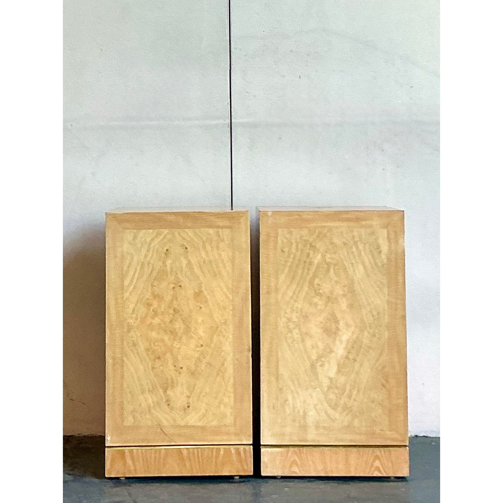 Vintage Boho Drexel Heritage Bookmatched Burl Wood Pedestals - A Pair - Side view