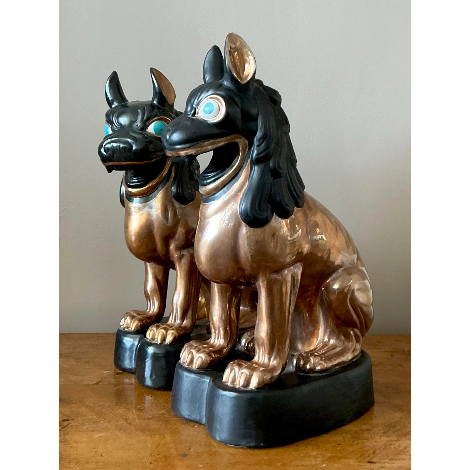 Vintage Glazed Ceramic Foo Dogs - A Pair - Detail view
