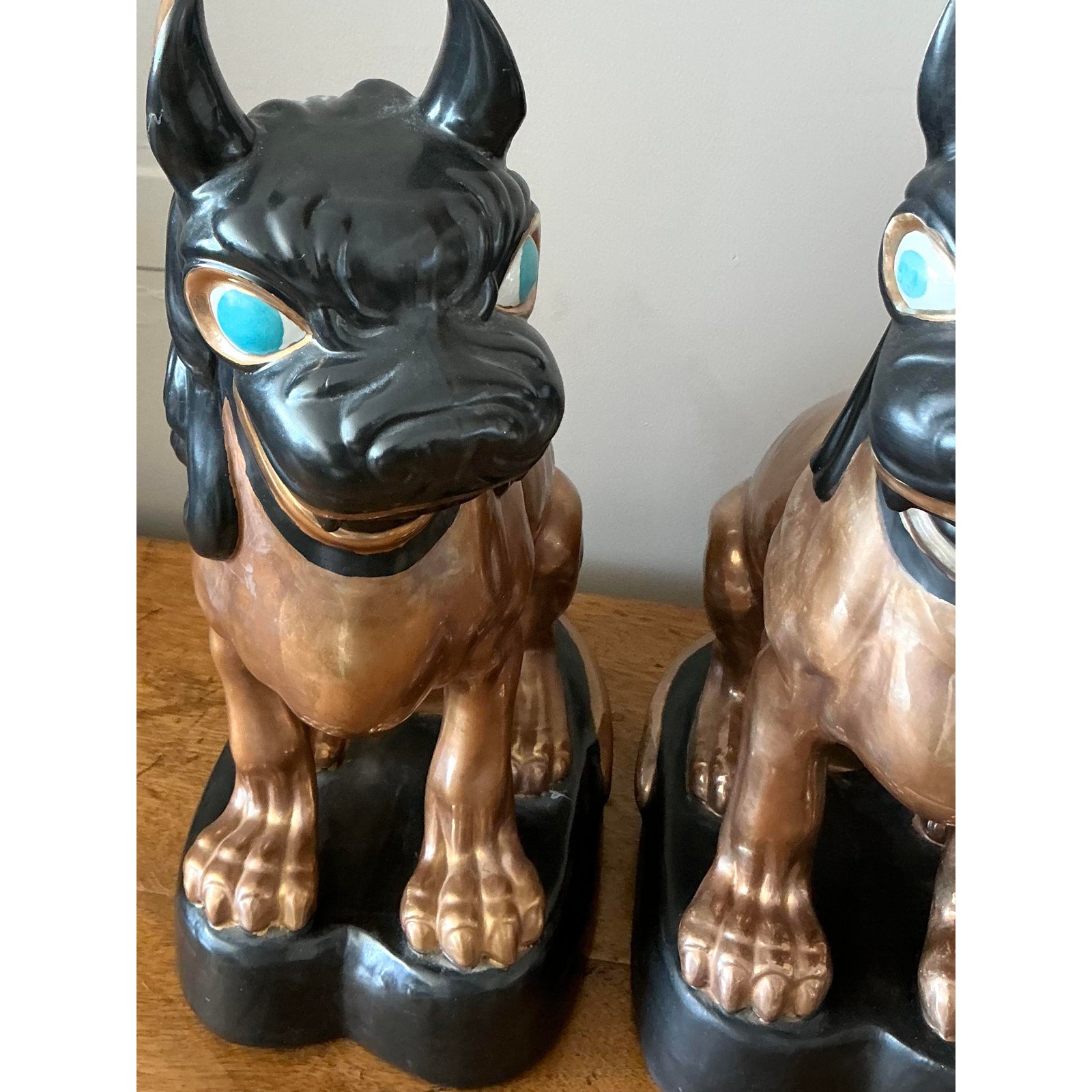 Vintage Glazed Ceramic Foo Dogs - A Pair - Back view