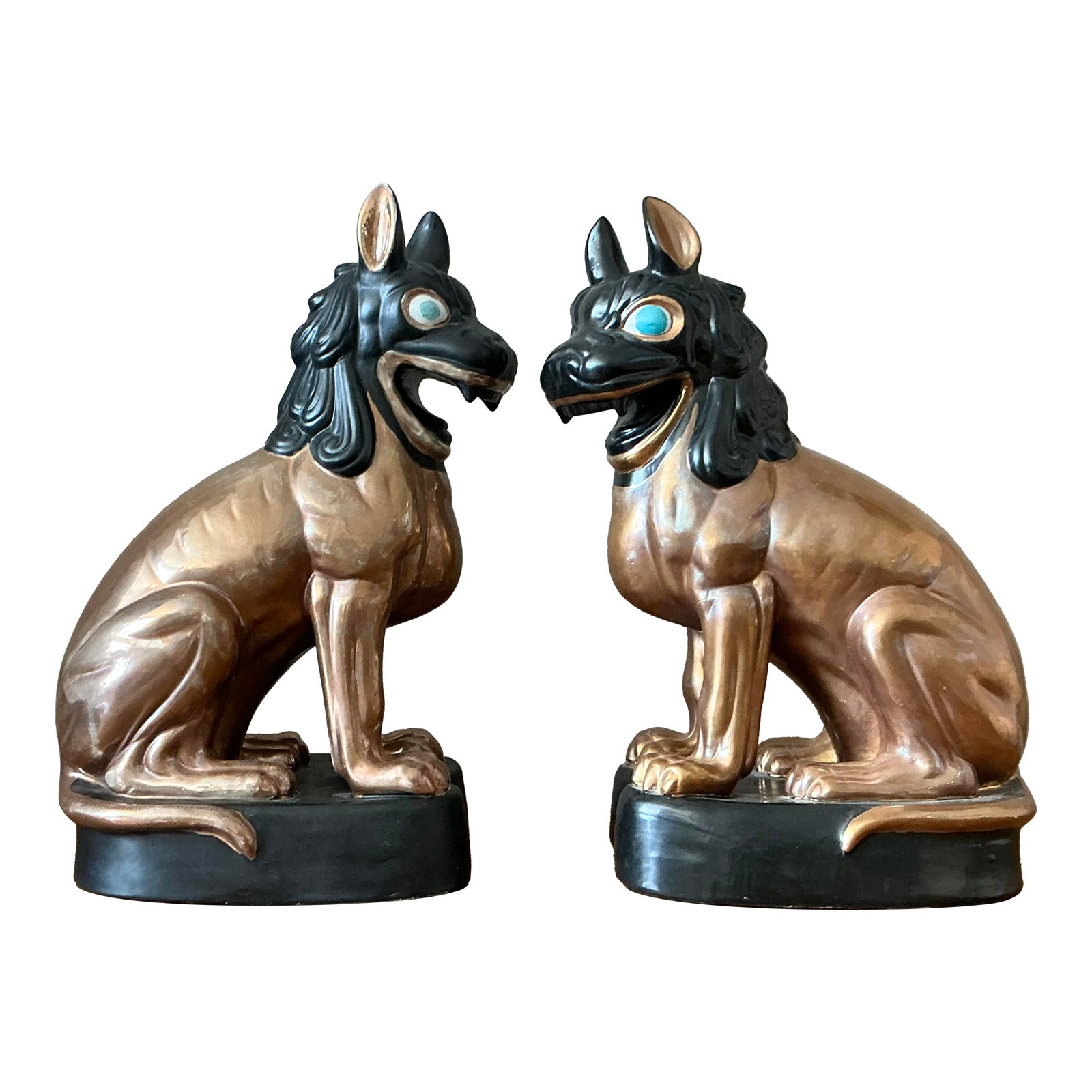 Vintage Glazed Ceramic Foo Dogs - A Pair