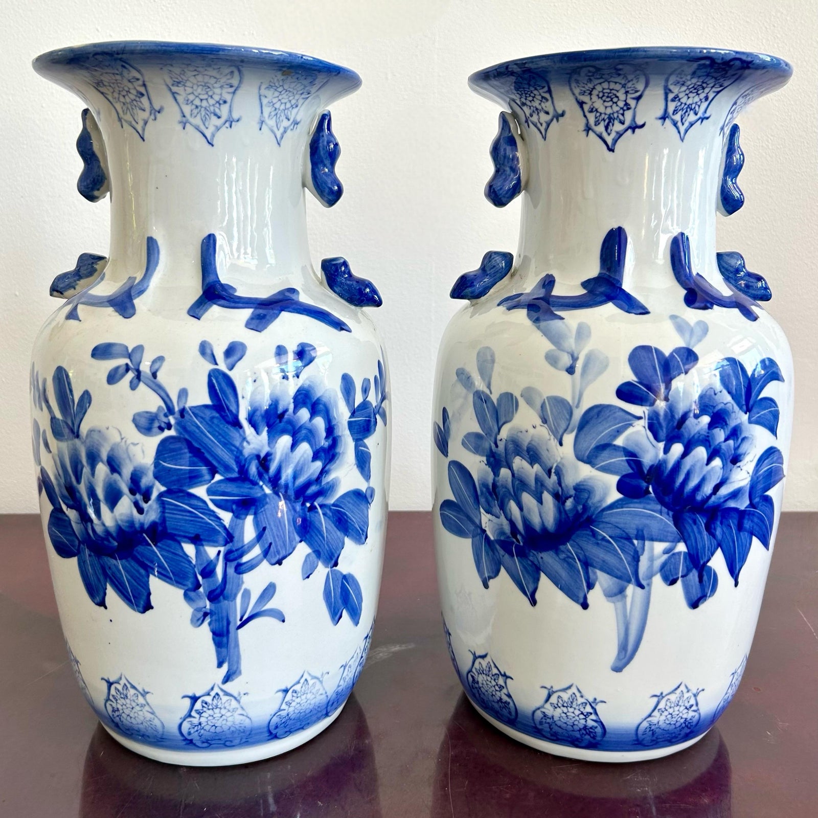 Vintage Blue and White Porcelian Vase Pair - Side view