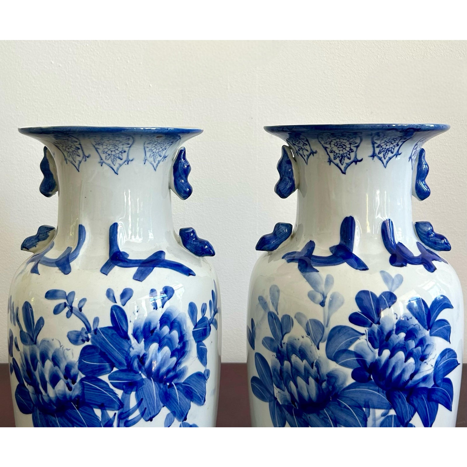 Vintage Blue and White Porcelian Vase Pair - Top view