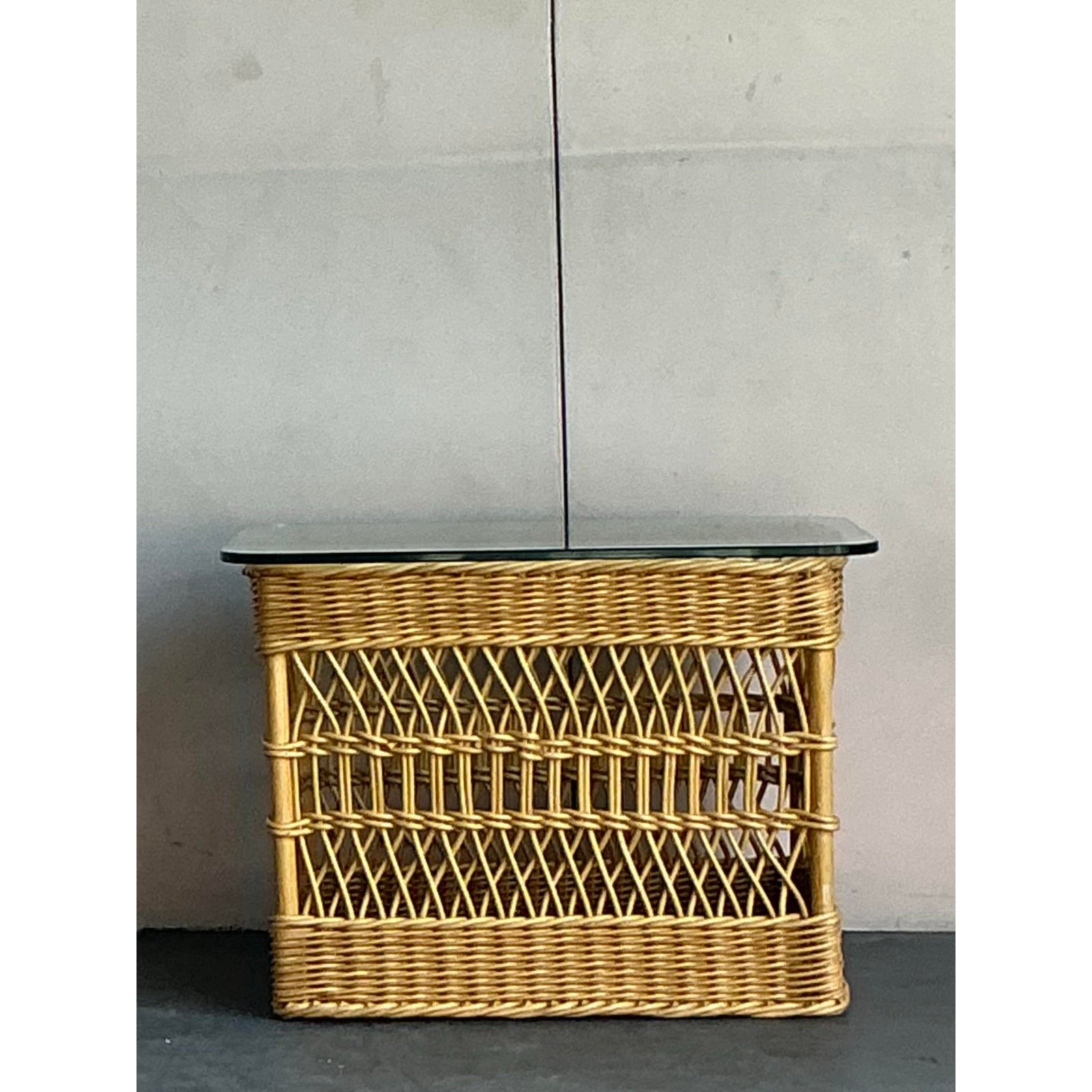 Vintage Boho Trellis Rattan Side Table - Detail view