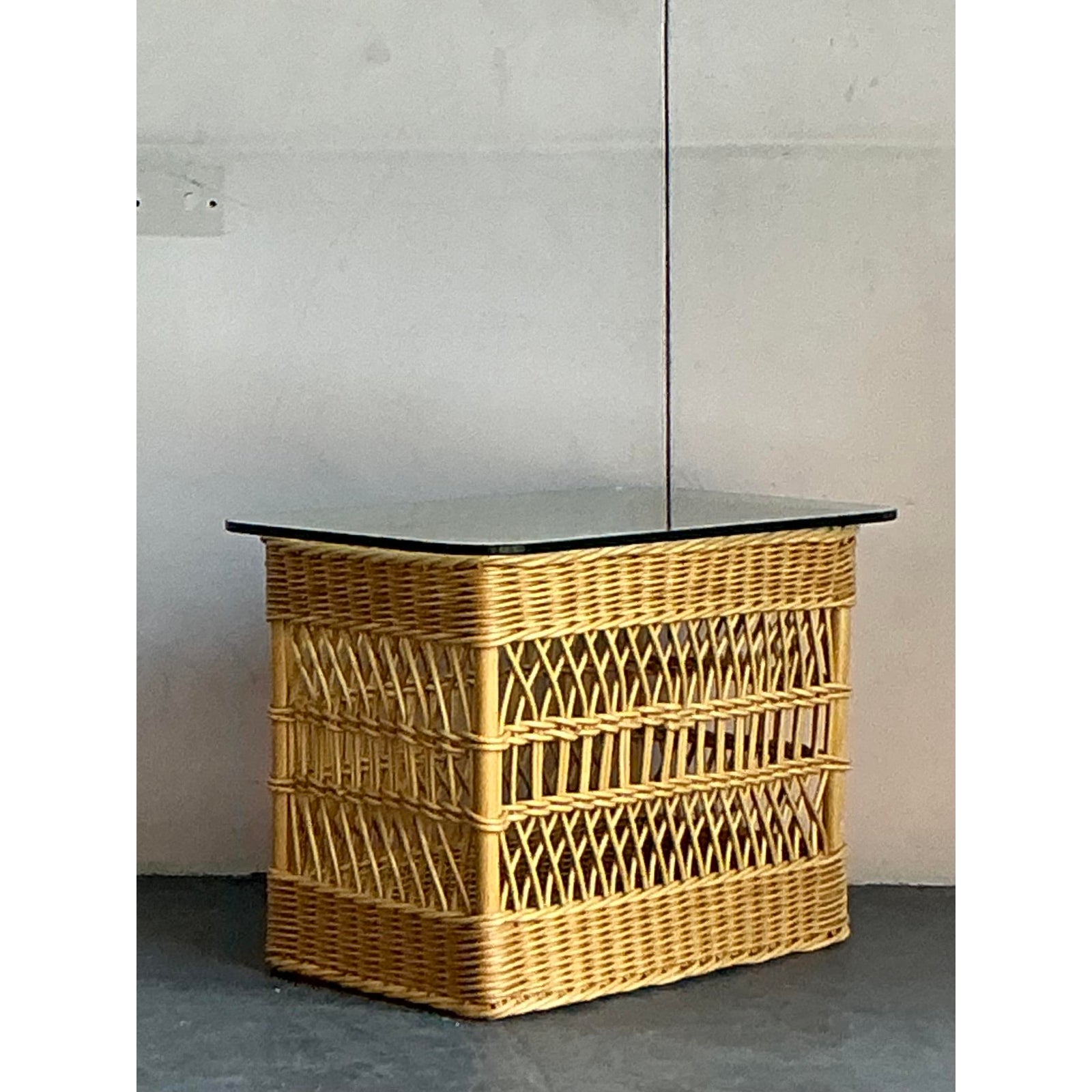 Vintage Boho Trellis Rattan Side Table - Side view