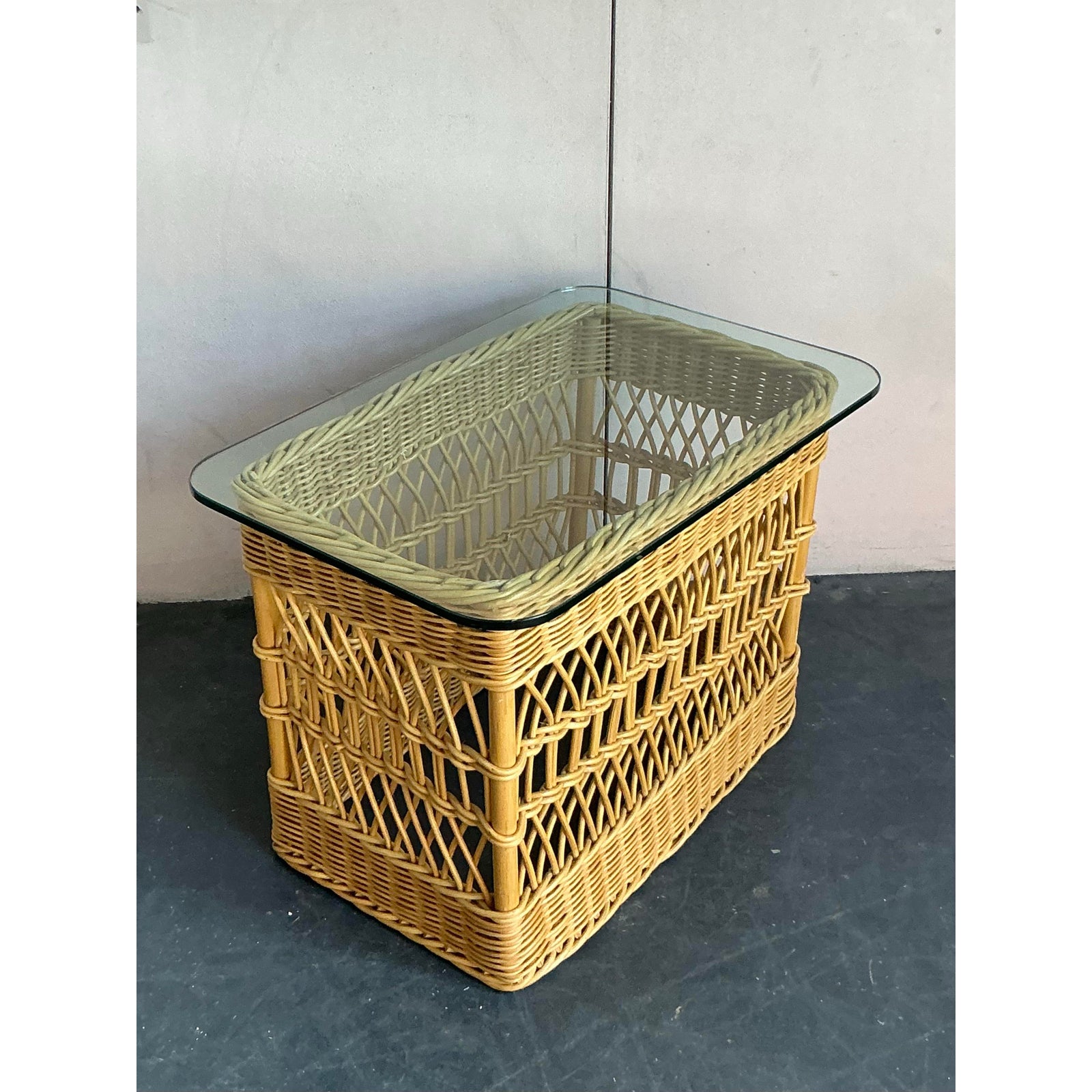 Vintage Boho Trellis Rattan Side Table - Back view