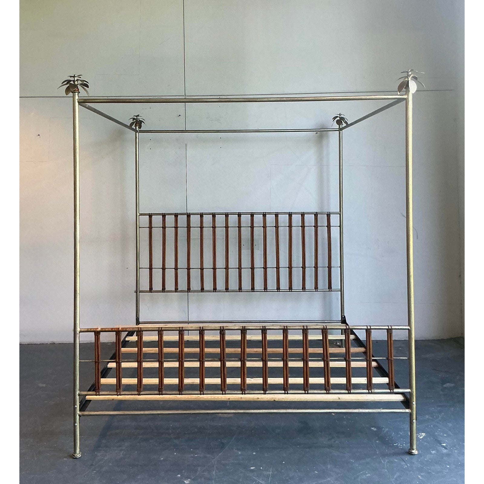 Vintage Regency Silver Leaf Palm Tree California King Canopy Bed - Side view