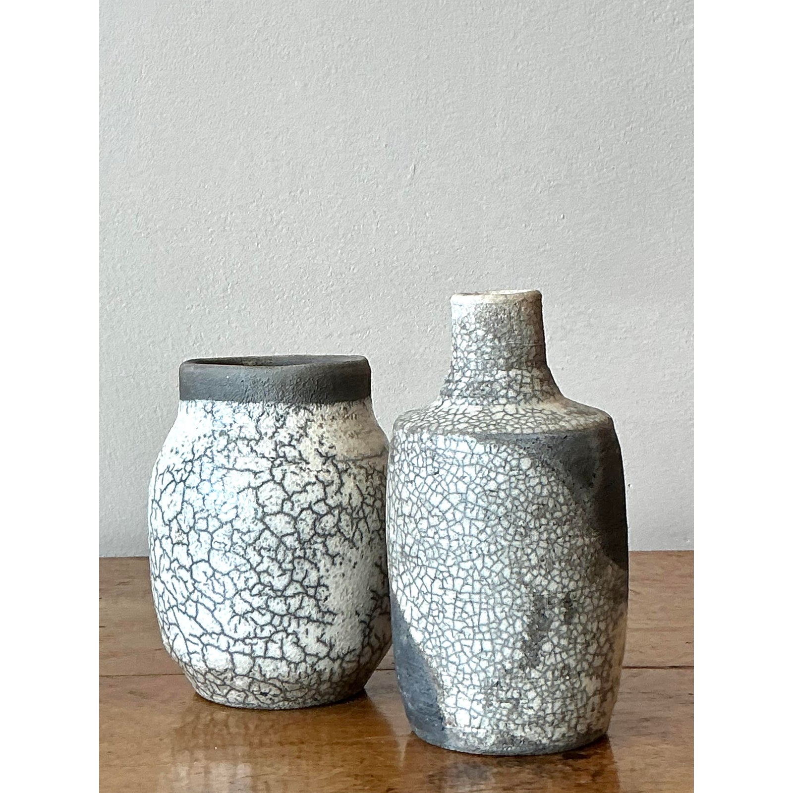 Vintage Boho Original Crackle Finish Studio Pottery Vases - Set of 2 - Side view