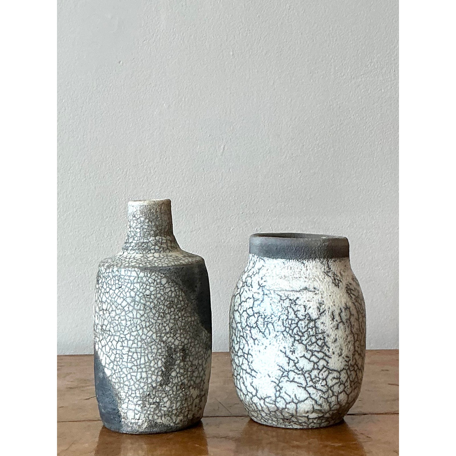 Vintage Boho Original Crackle Finish Studio Pottery Vases - Set of 2 - Back view