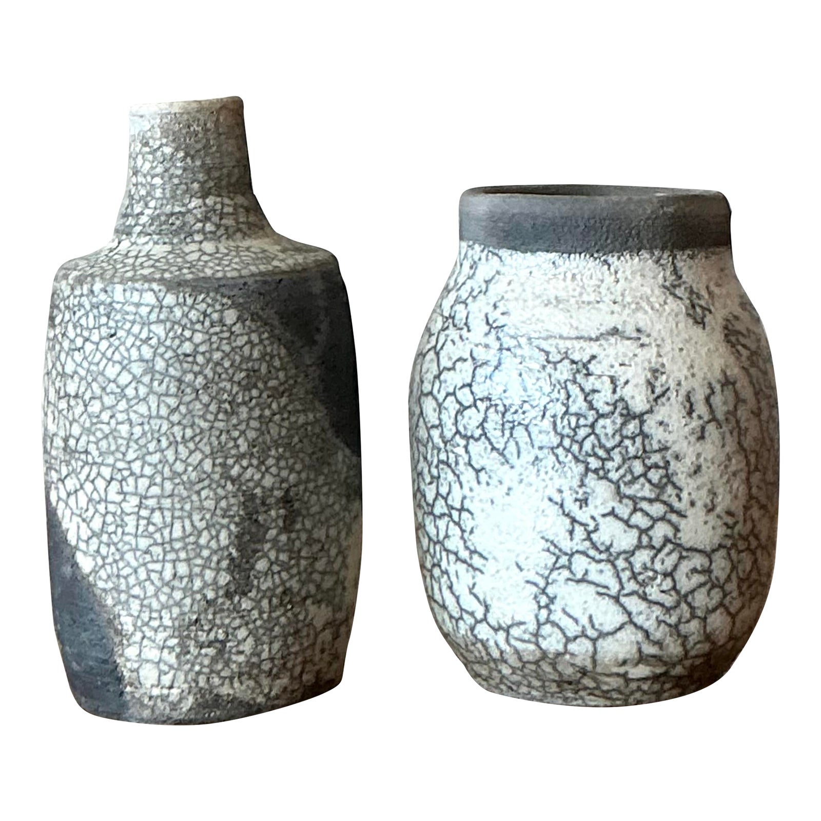 Vintage Boho Original Crackle Finish Studio Pottery Vases - Set of 2