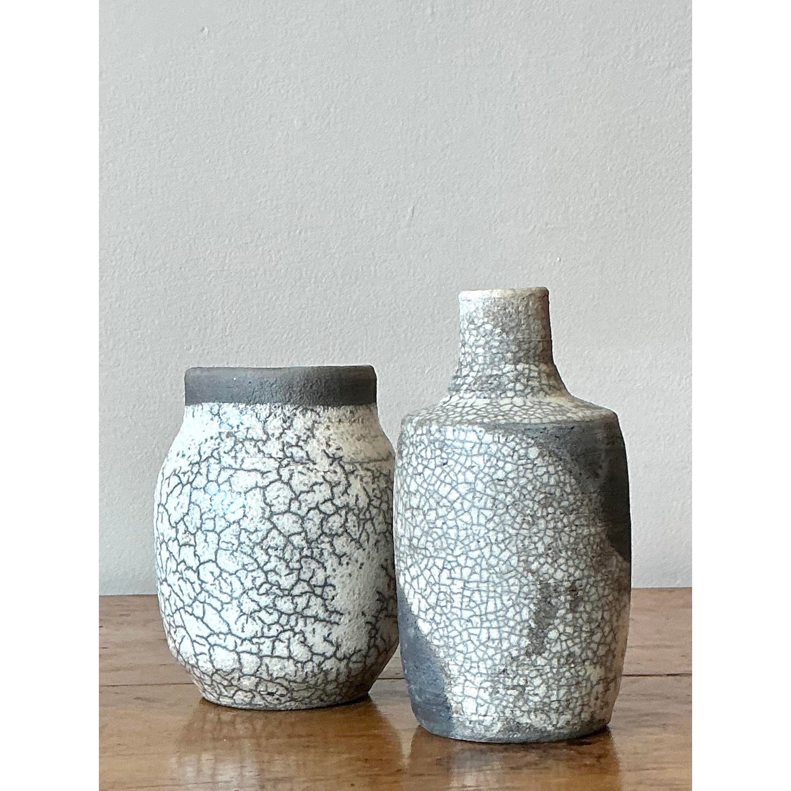 Vintage Boho Original Crackle Finish Studio Pottery Vases - Set of 2 - Detail view