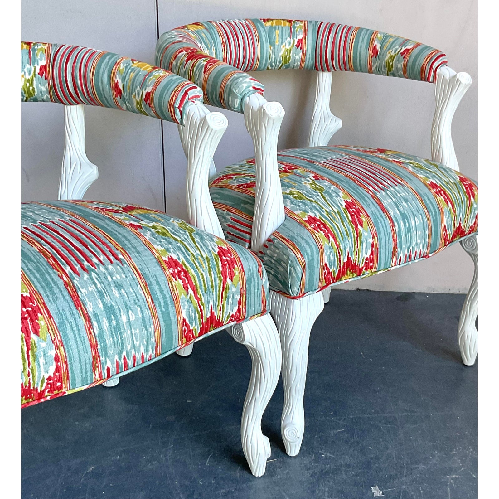 Vintage Regency Clarence House “Mazar Sharif” Upholstered Faux Bois Lounge Chairs - A Pair - Top view