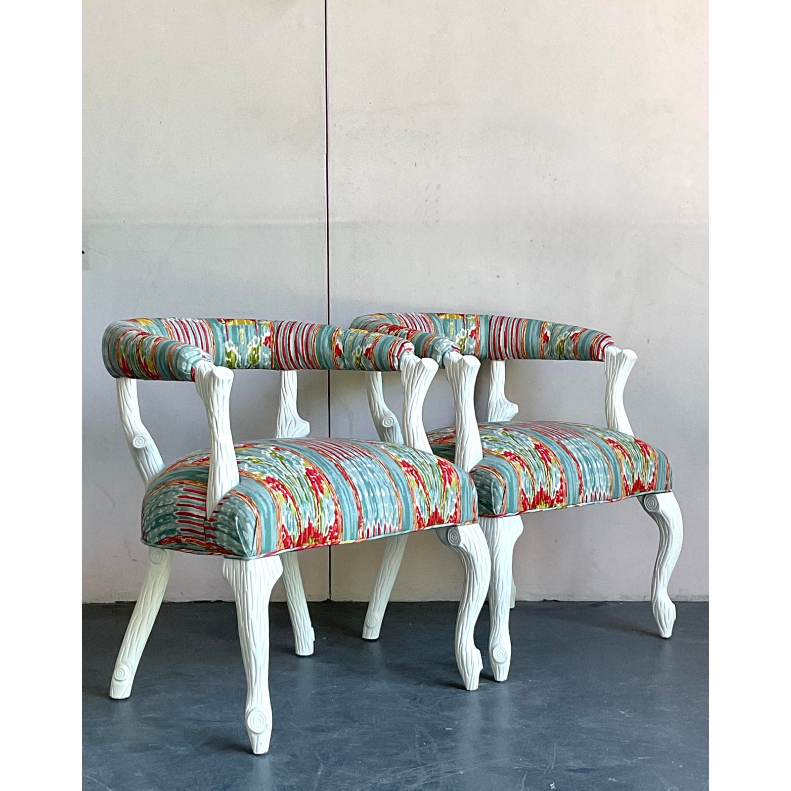 Vintage Regency Clarence House “Mazar Sharif” Upholstered Faux Bois Lounge Chairs - A Pair - Side view