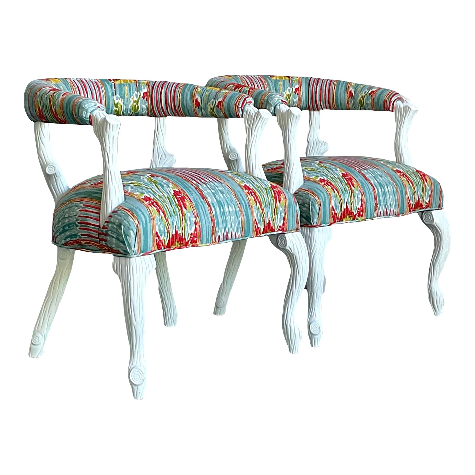 Vintage Regency Clarence House “Mazar Sharif” Upholstered Faux Bois Lounge Chairs - A Pair