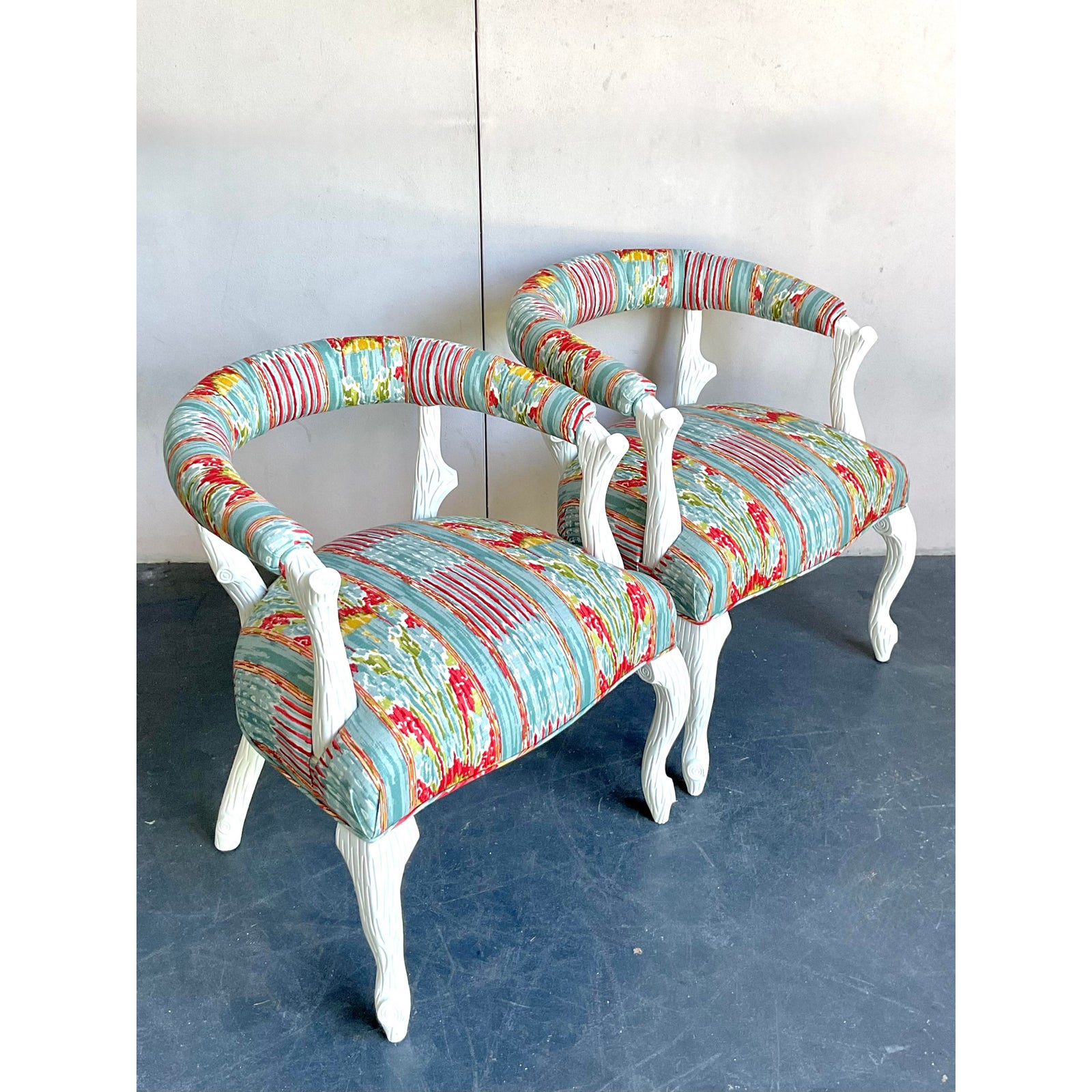 Vintage Regency Clarence House “Mazar Sharif” Upholstered Faux Bois Lounge Chairs - A Pair - Detail view