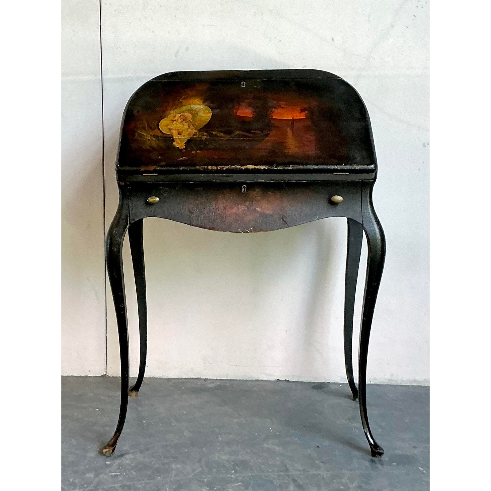 Vintage Boho Patinated Drop Front Desk - Back view