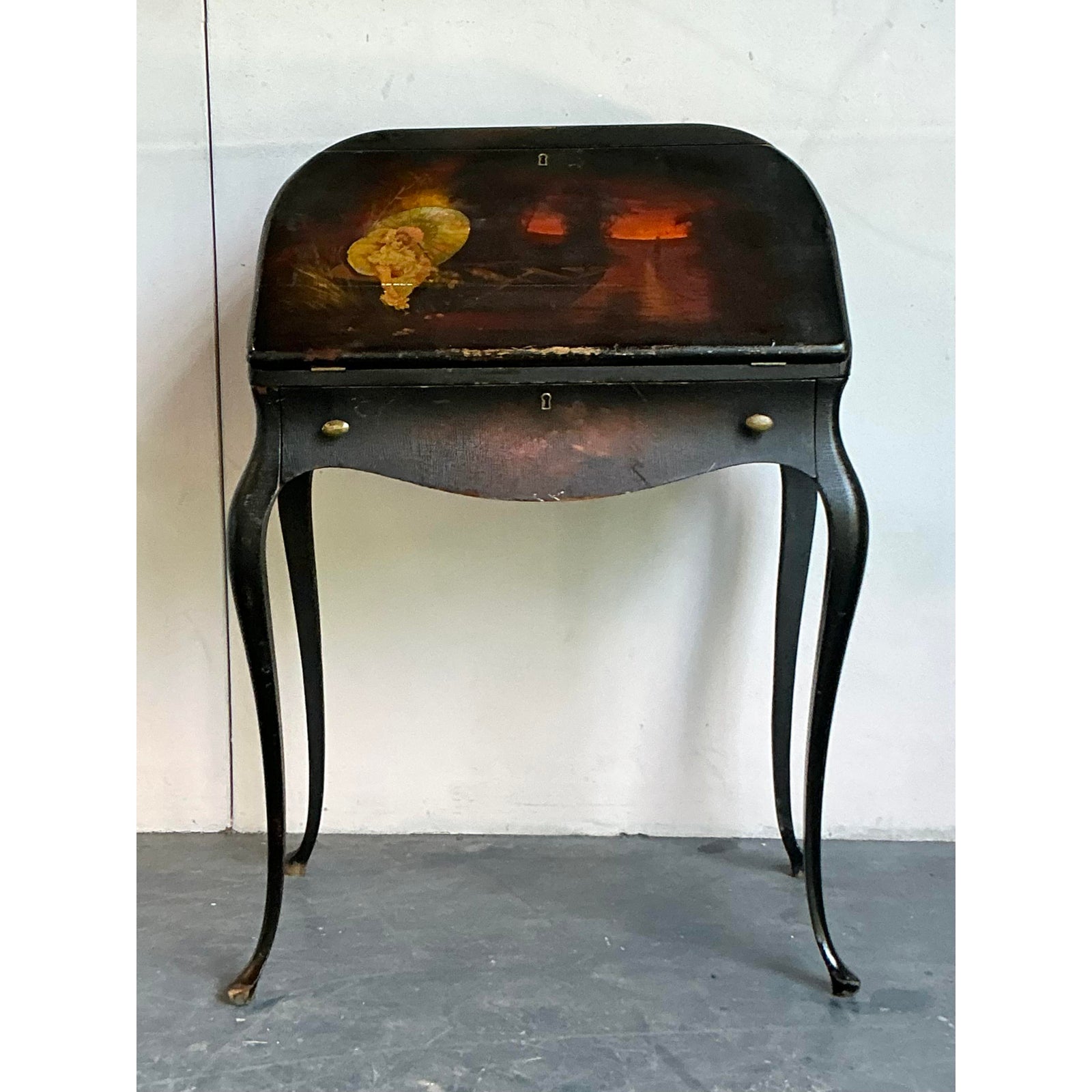 Vintage Boho Patinated Drop Front Desk - Side view
