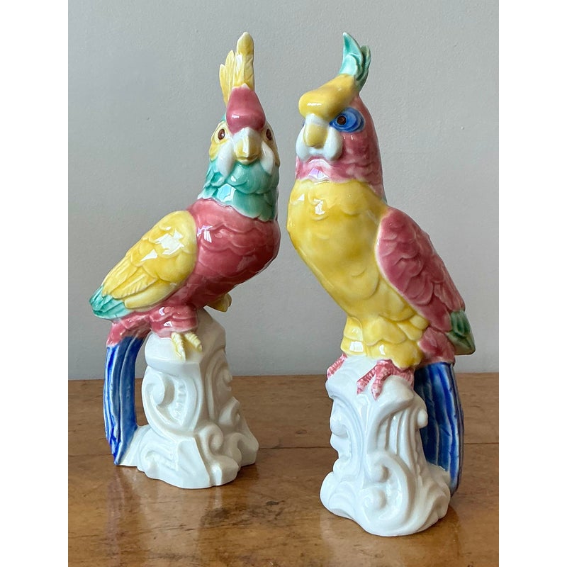 Vintage Regency Hand Painted Glazed Ceramic Birds - Set of 2 - Side view