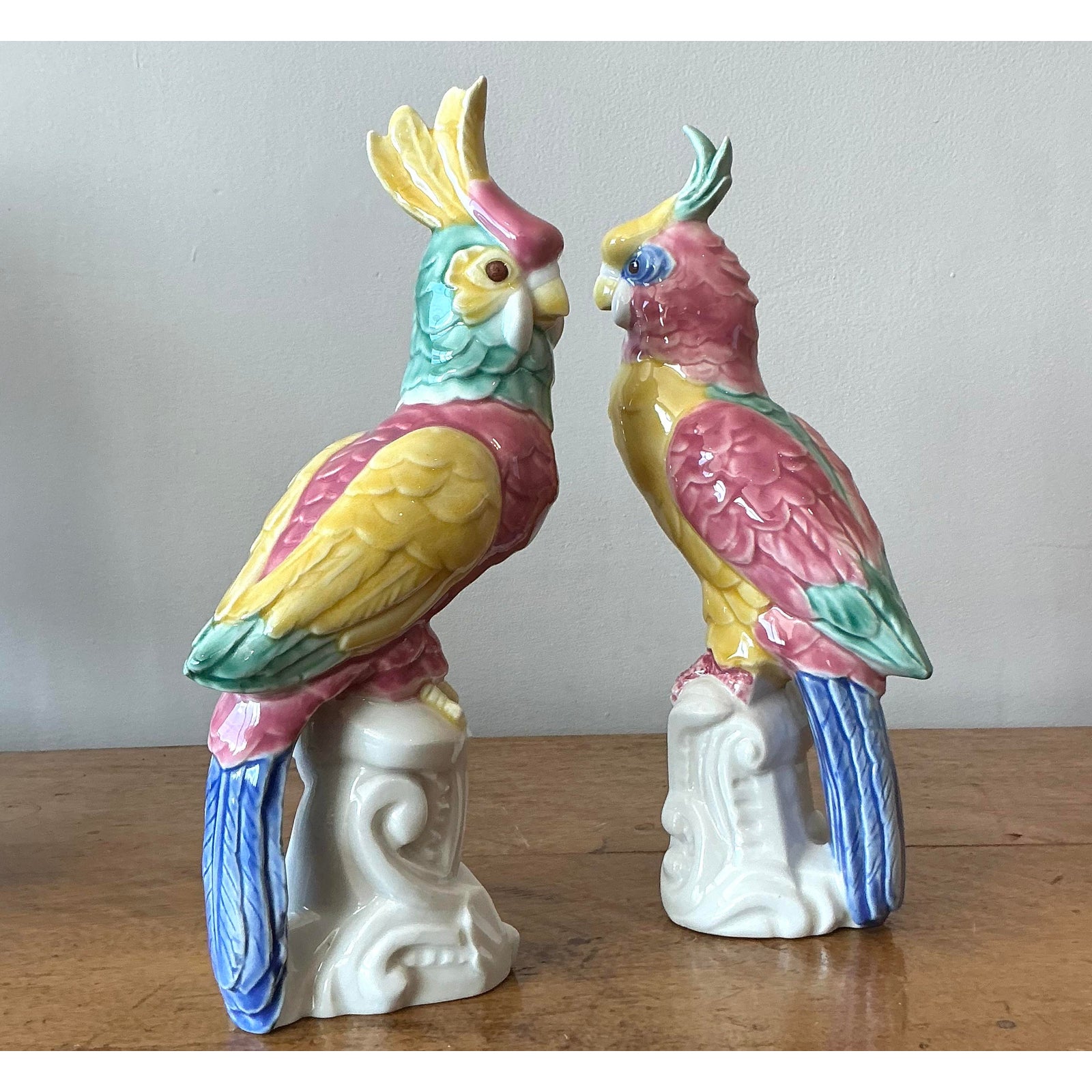 Vintage Regency Hand Painted Glazed Ceramic Birds - Set of 2 - Top view