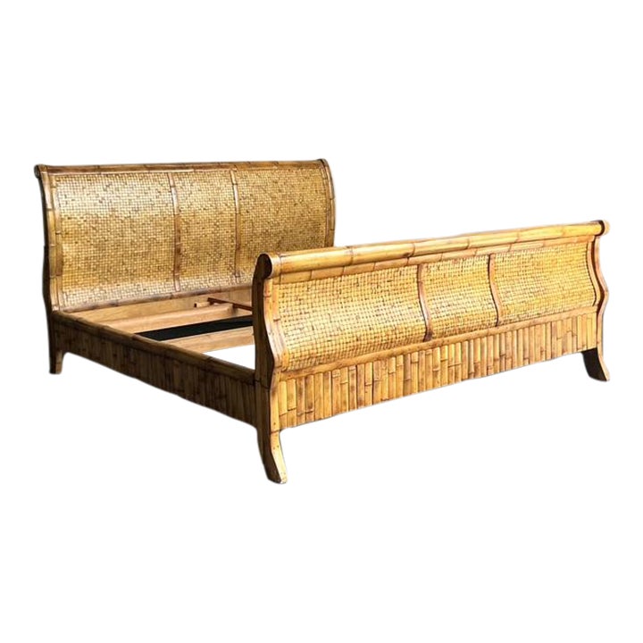 Vintage Boho Woven Rattan California King Sleigh Bed