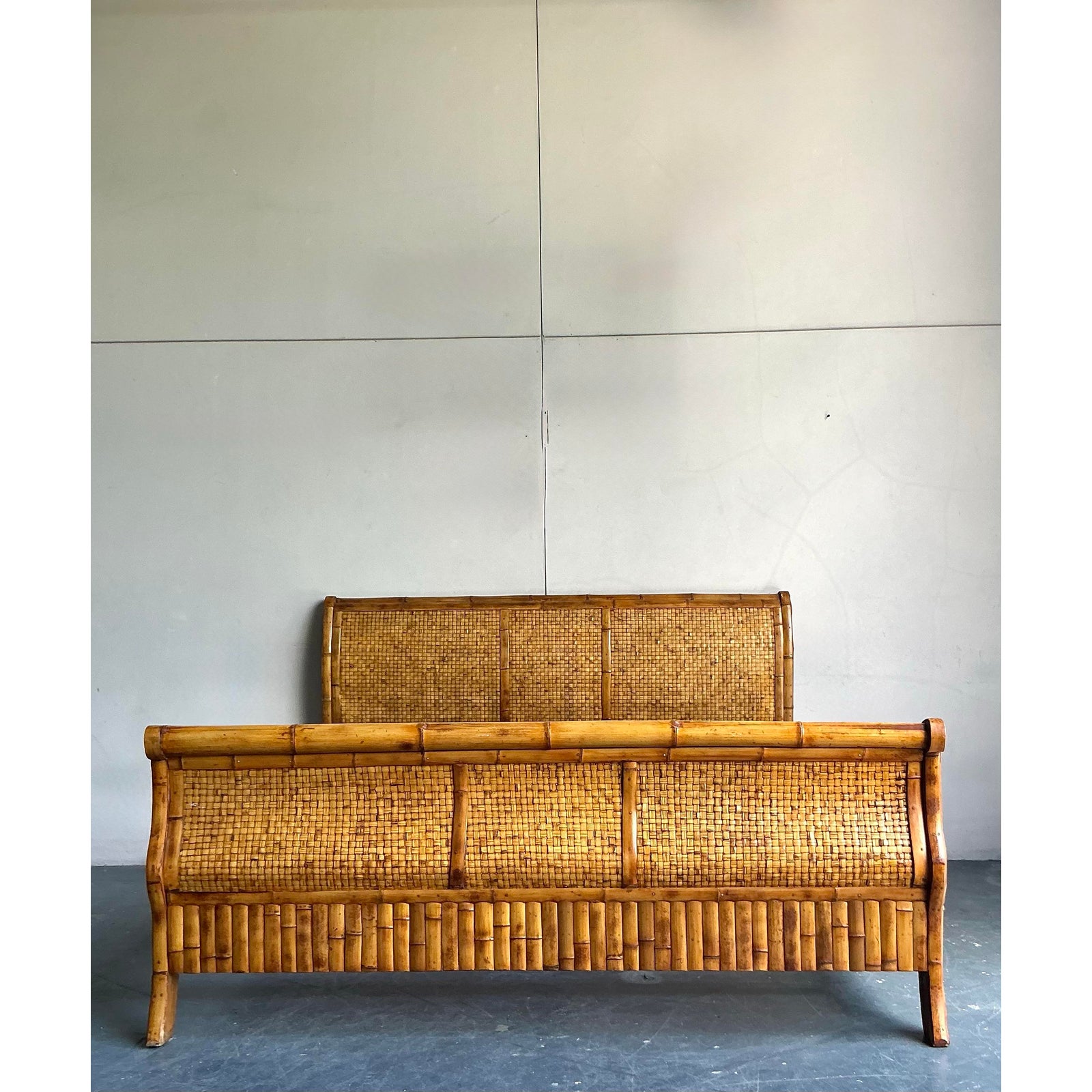Vintage Boho Woven Rattan California King Sleigh Bed - Top view