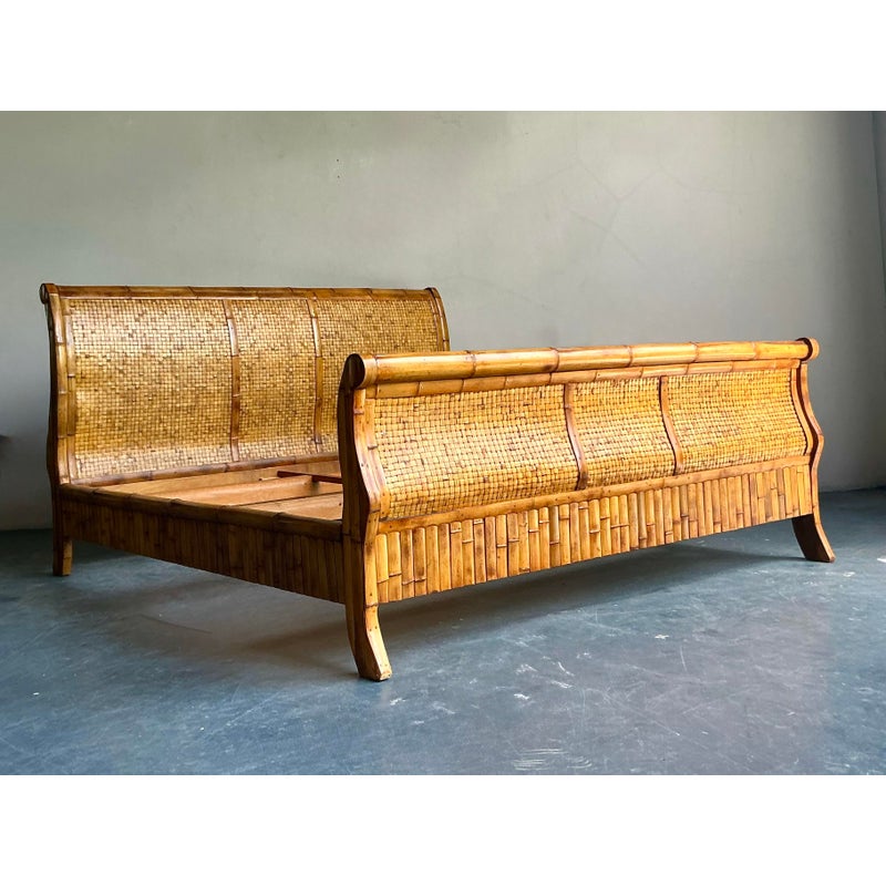 Vintage Boho Woven Rattan California King Sleigh Bed - Back view