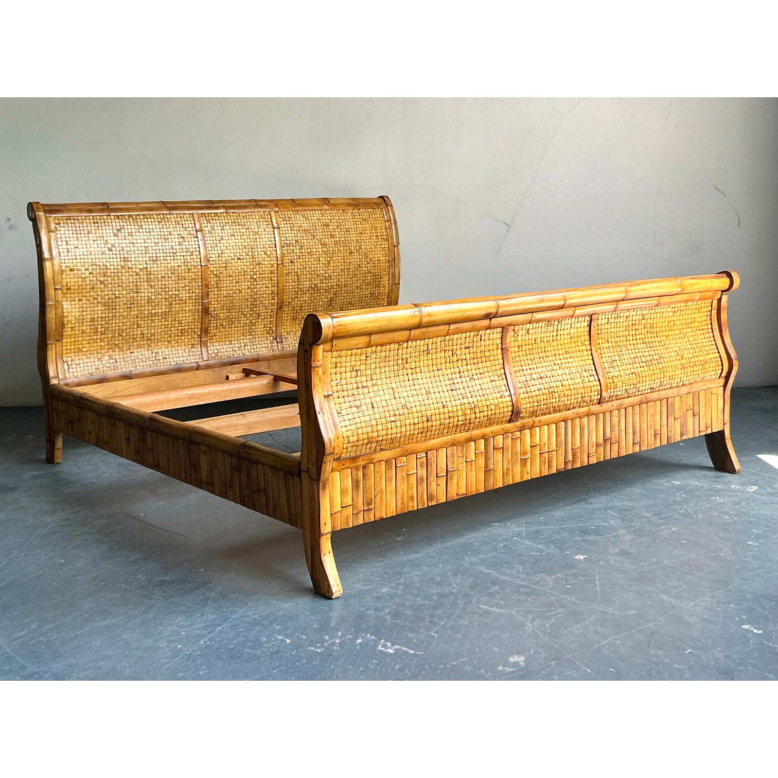 Vintage Boho Woven Rattan California King Sleigh Bed - Detail view