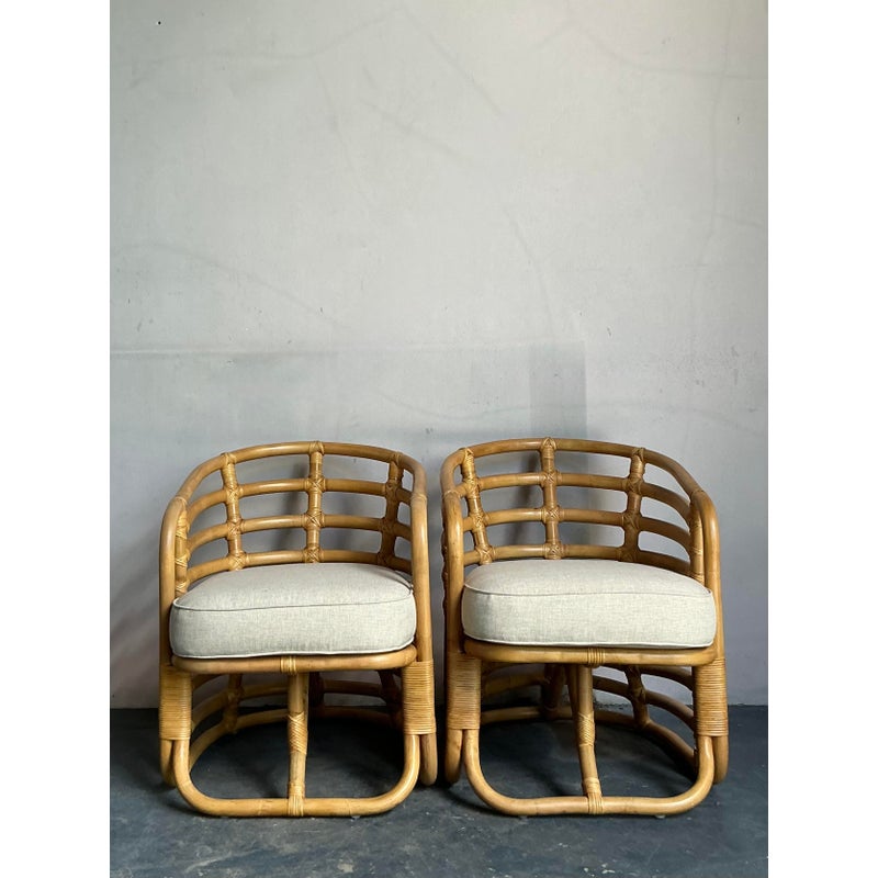 Vintage Boho Bent Rattan Lounge Chairs - A Pair - Back view