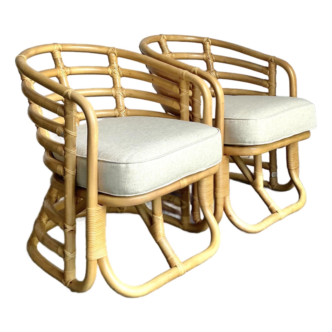 Vintage Boho Bent Rattan Lounge Chairs - A Pair