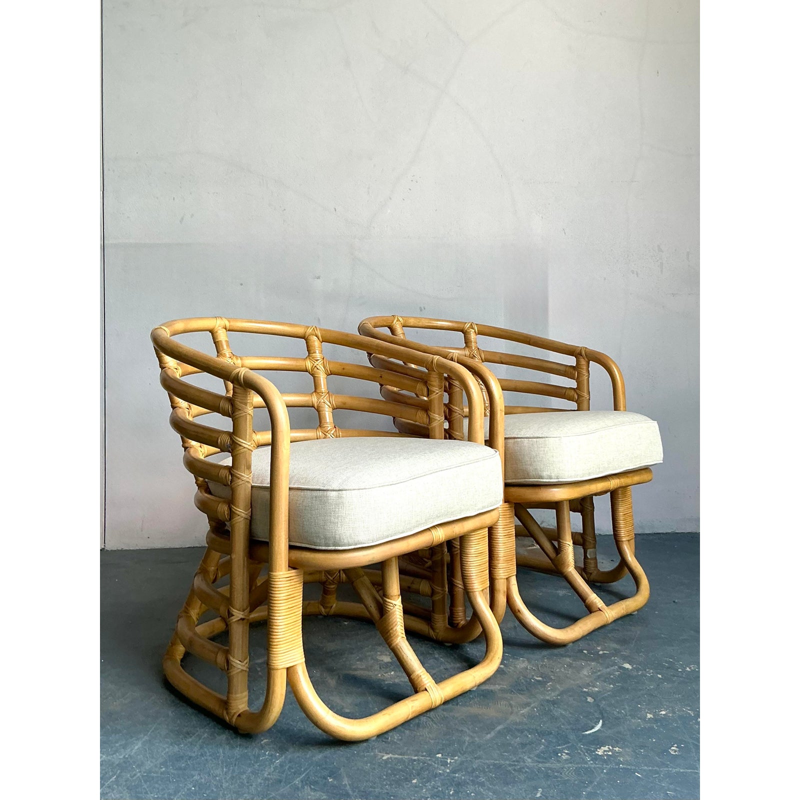 Vintage Boho Bent Rattan Lounge Chairs - A Pair - Side view