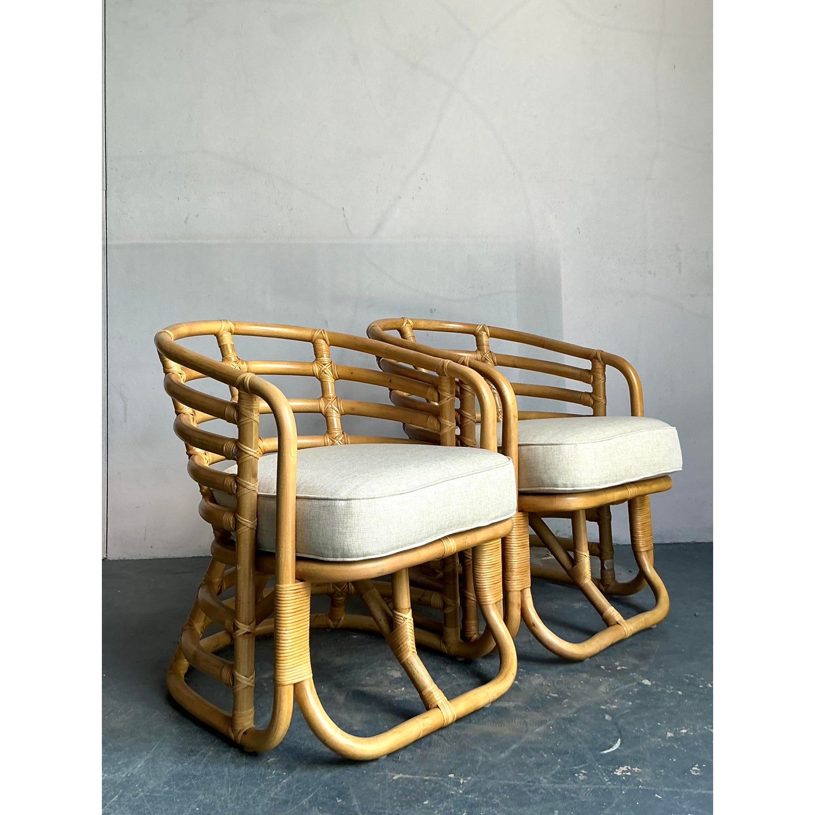 Vintage Boho Bent Rattan Lounge Chairs - A Pair - Detail view