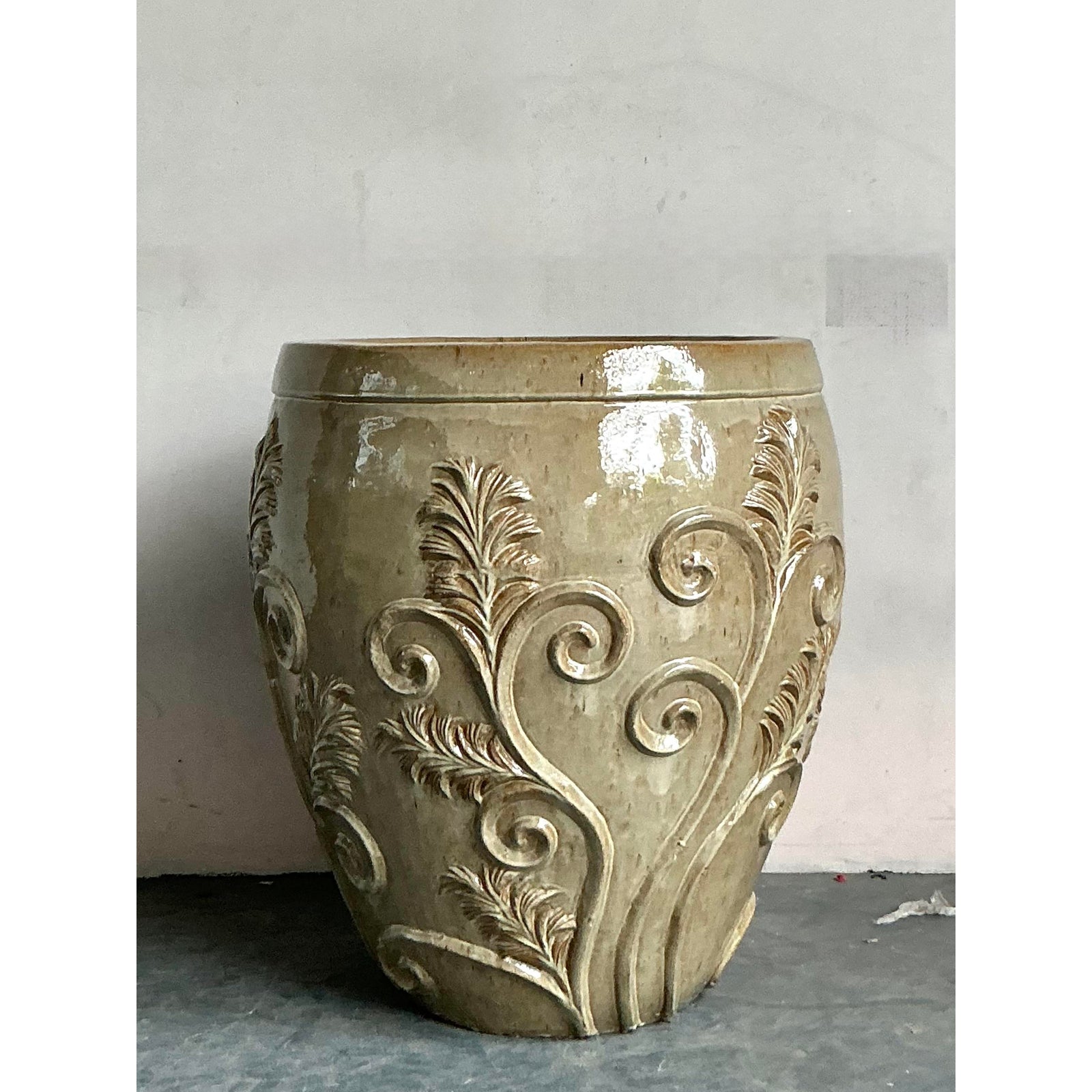 Vintage Boho Monumental Glazed Ceramic Planter - Detail view