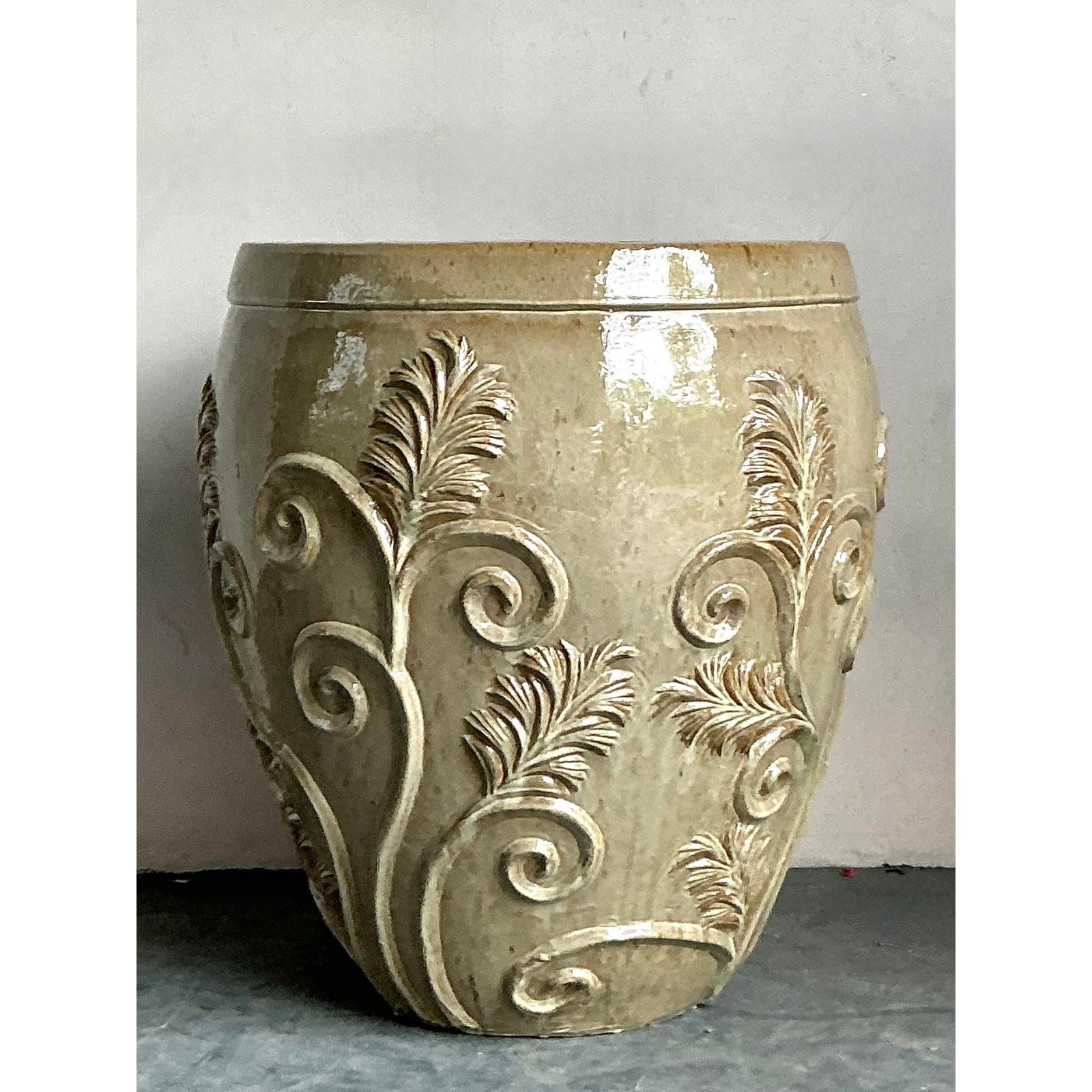 Vintage Boho Monumental Glazed Ceramic Planter - Side view
