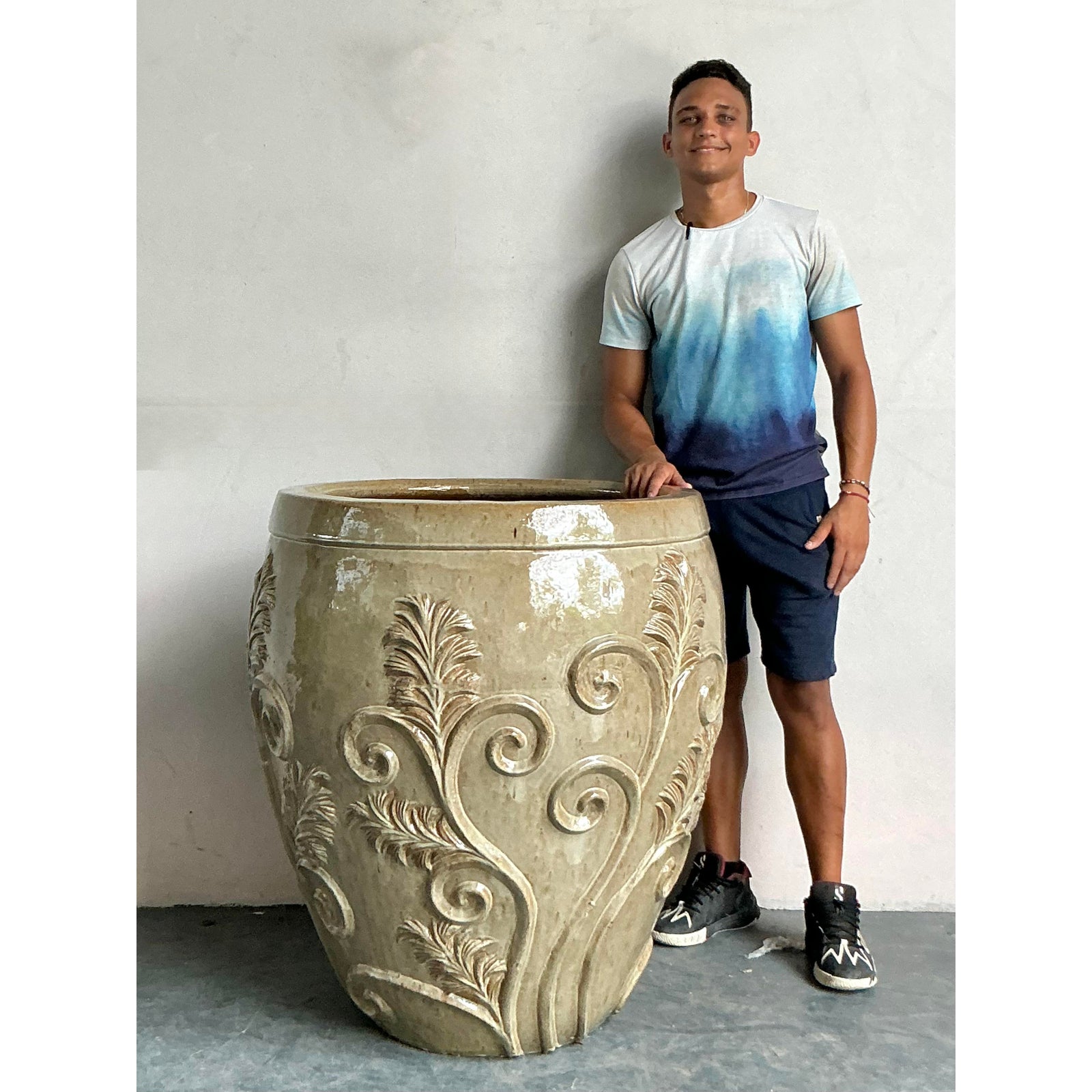 Vintage Boho Monumental Glazed Ceramic Planter - Back view