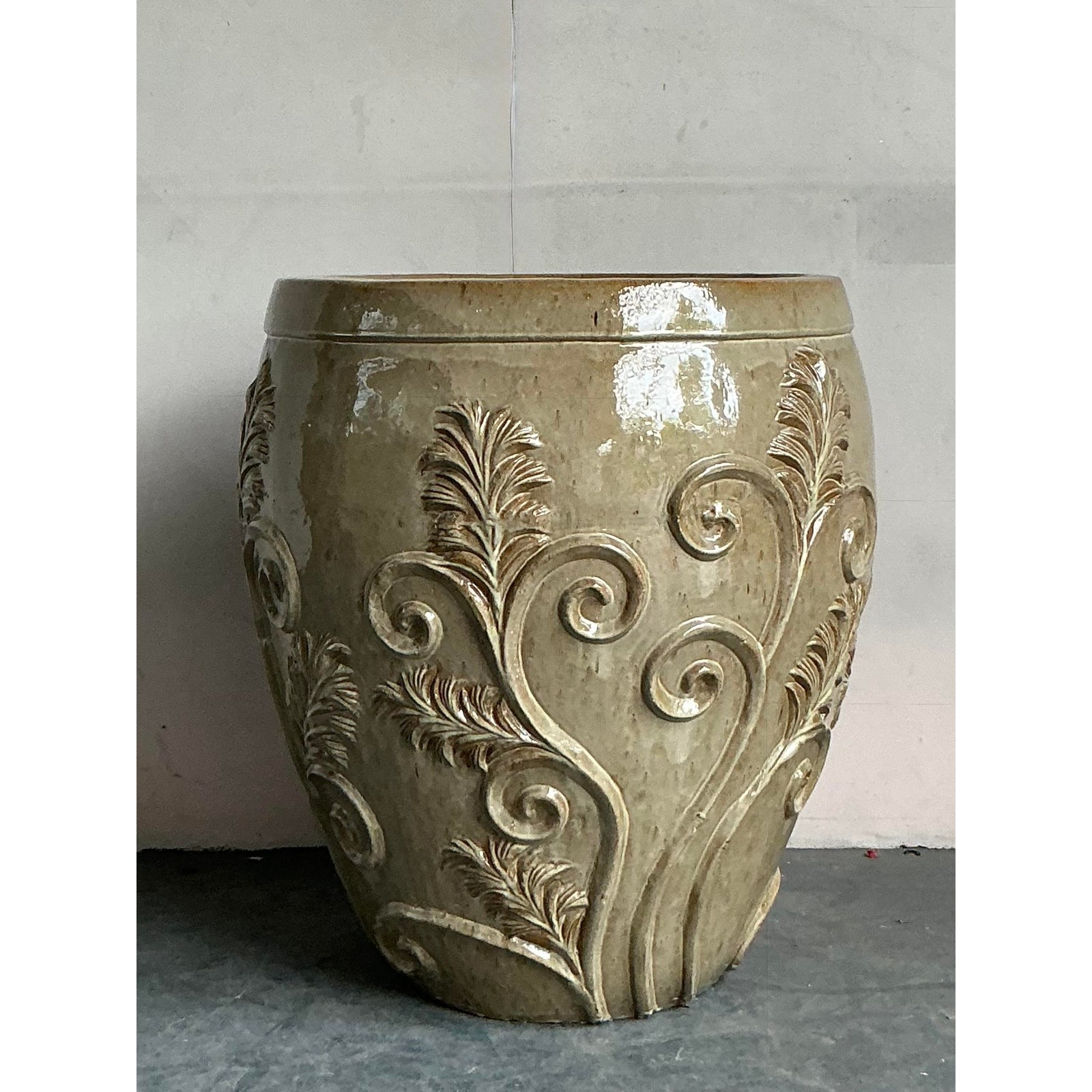 Vintage Boho Monumental Glazed Ceramic Planter - Top view