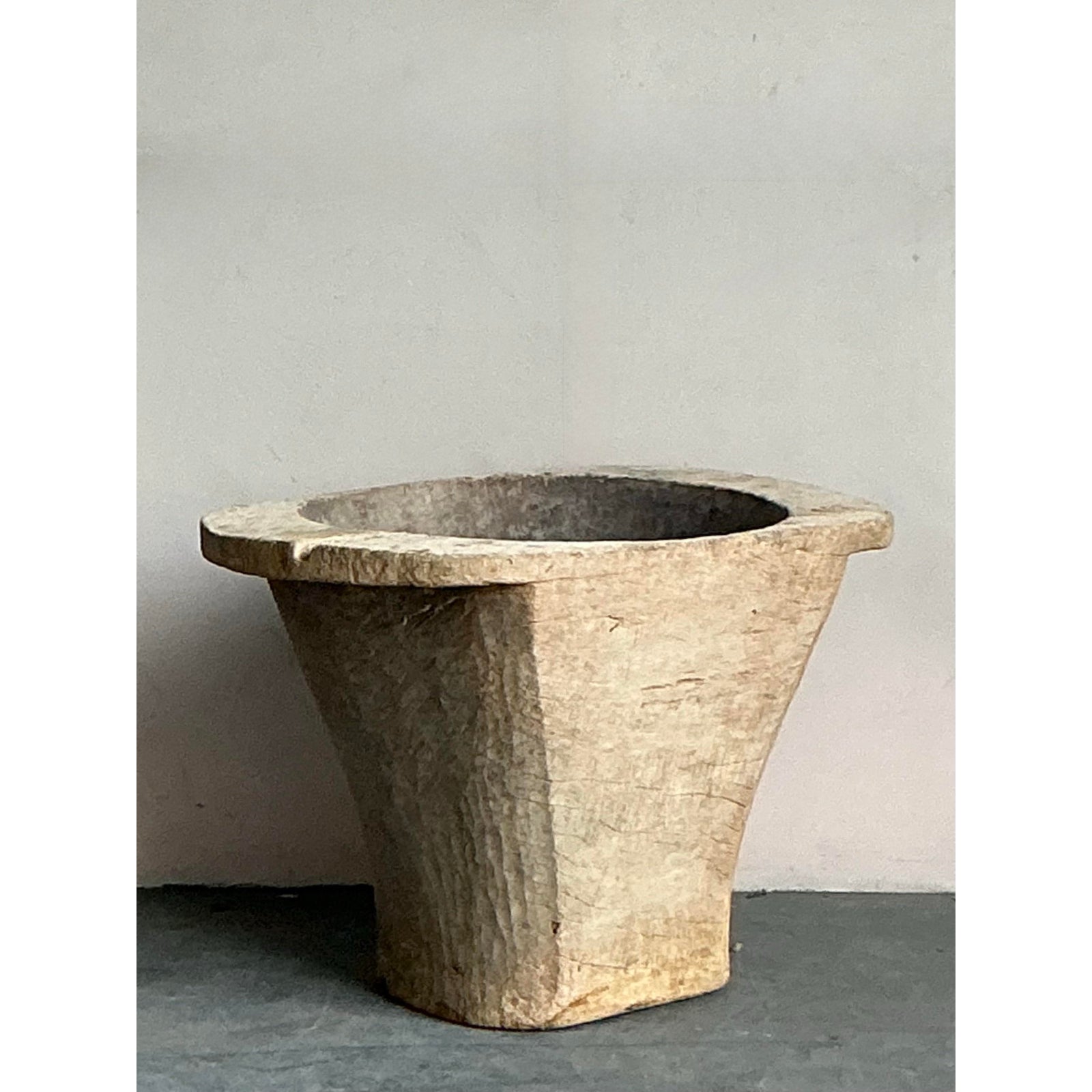 Vintage Boho Carved Coconut Trunk Planter - Side view