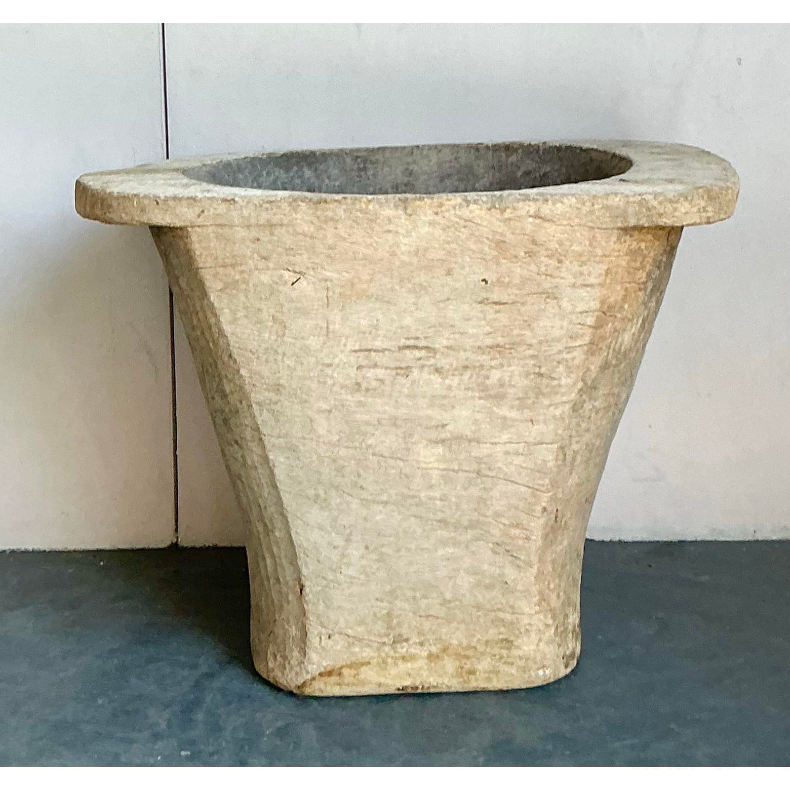 Vintage Boho Carved Coconut Trunk Planter - Detail view
