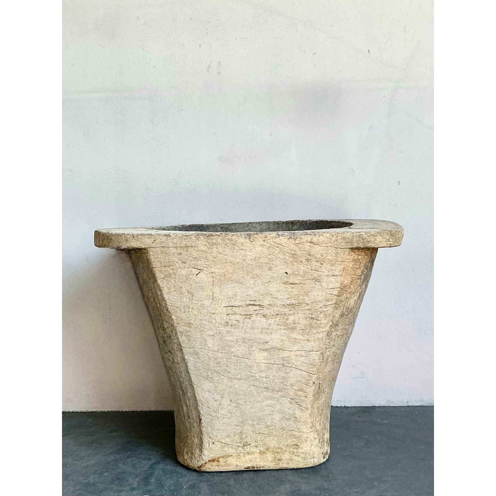 Vintage Boho Carved Coconut Trunk Planter - Back view