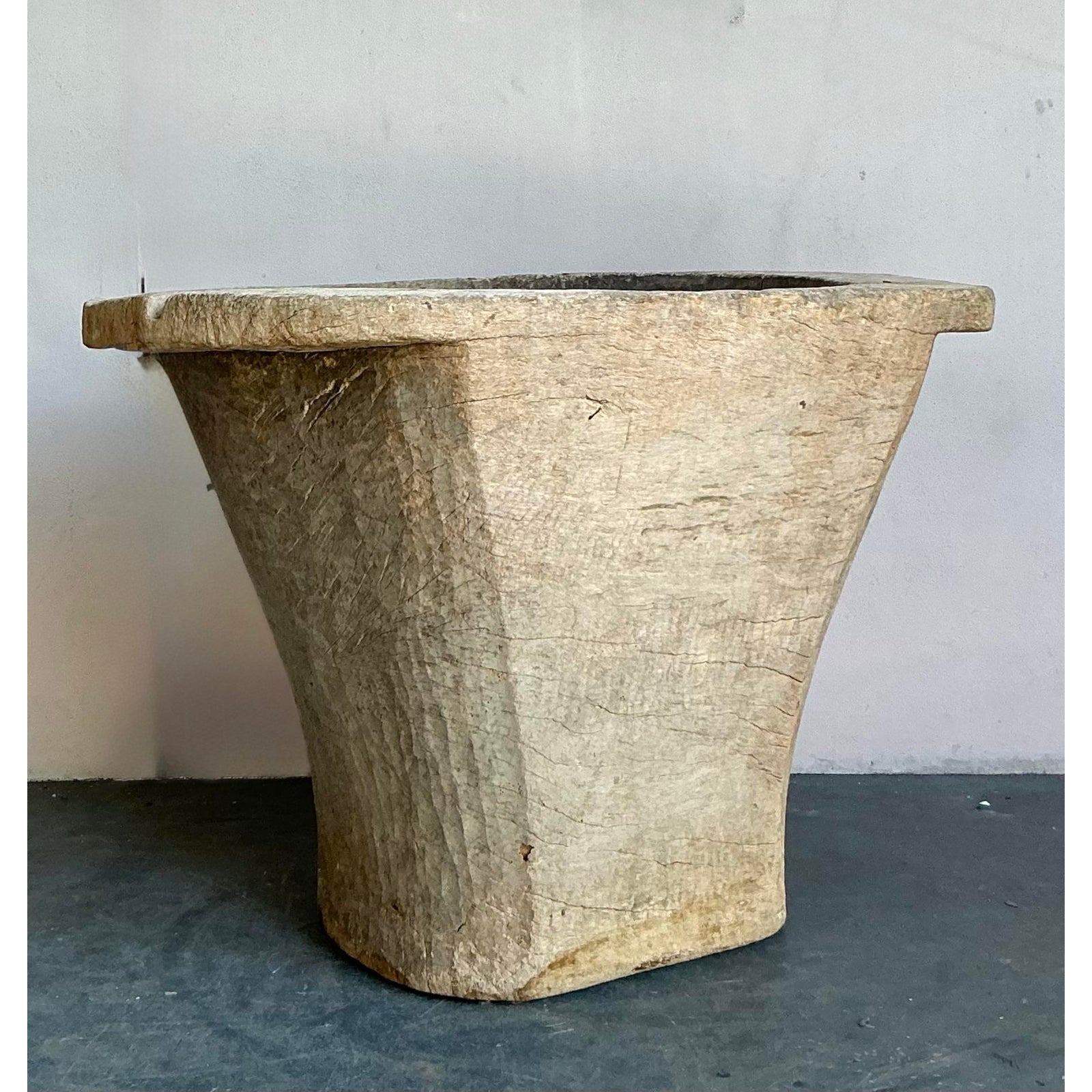 Vintage Boho Carved Coconut Trunk Planter - Top view