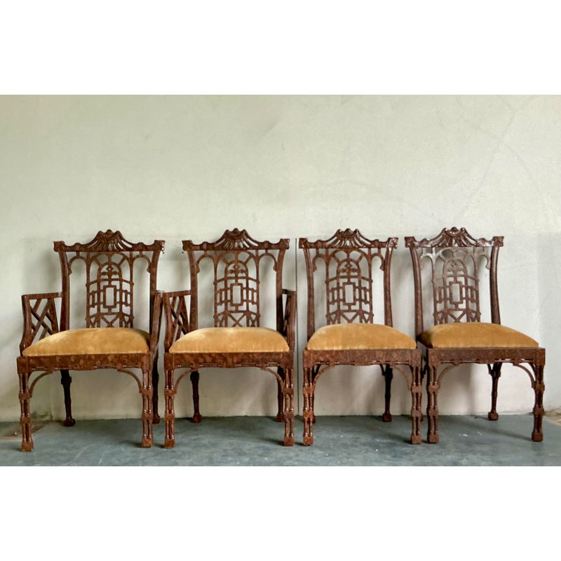 Late 20th Century Vintage Regency Faux Finished Fretwork Pagoda Dining Chairs - Set of 4 - Detail view